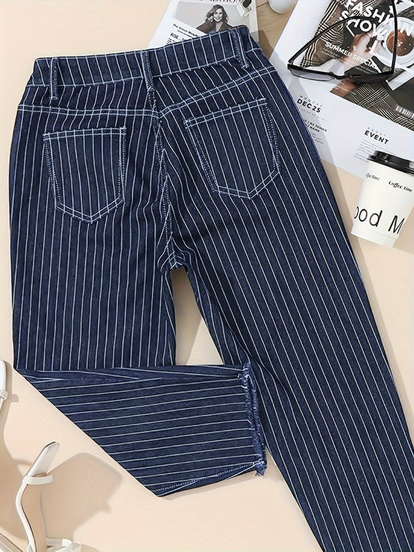 Striped Print Raw Hem Retro Casual Style Capri Denim Pants, Women's Denim Jeans & Clothing