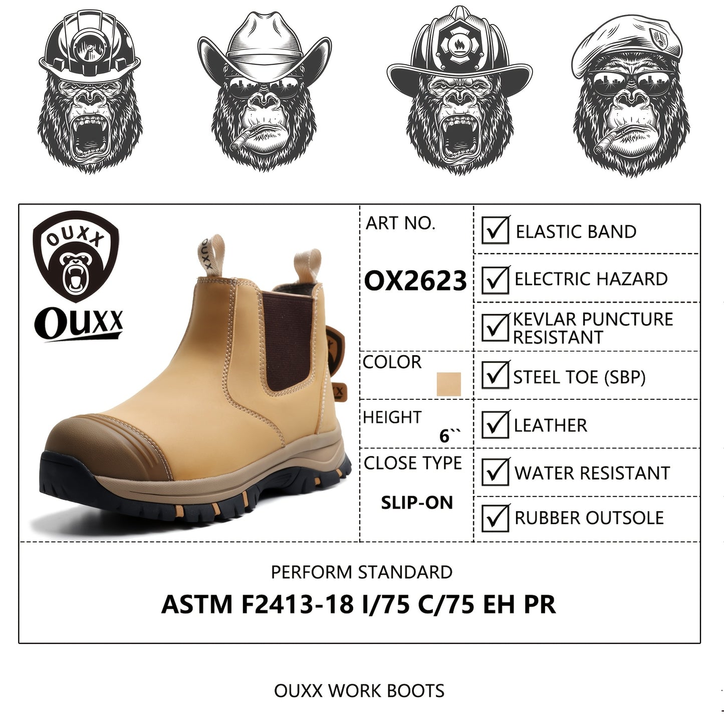 Work Boots for Men, Steel Toe Rubber Genuine Leather Slip-on Safety Shoes, Slip-Resistant, High Quality, Puncture-Proof(OX2623)