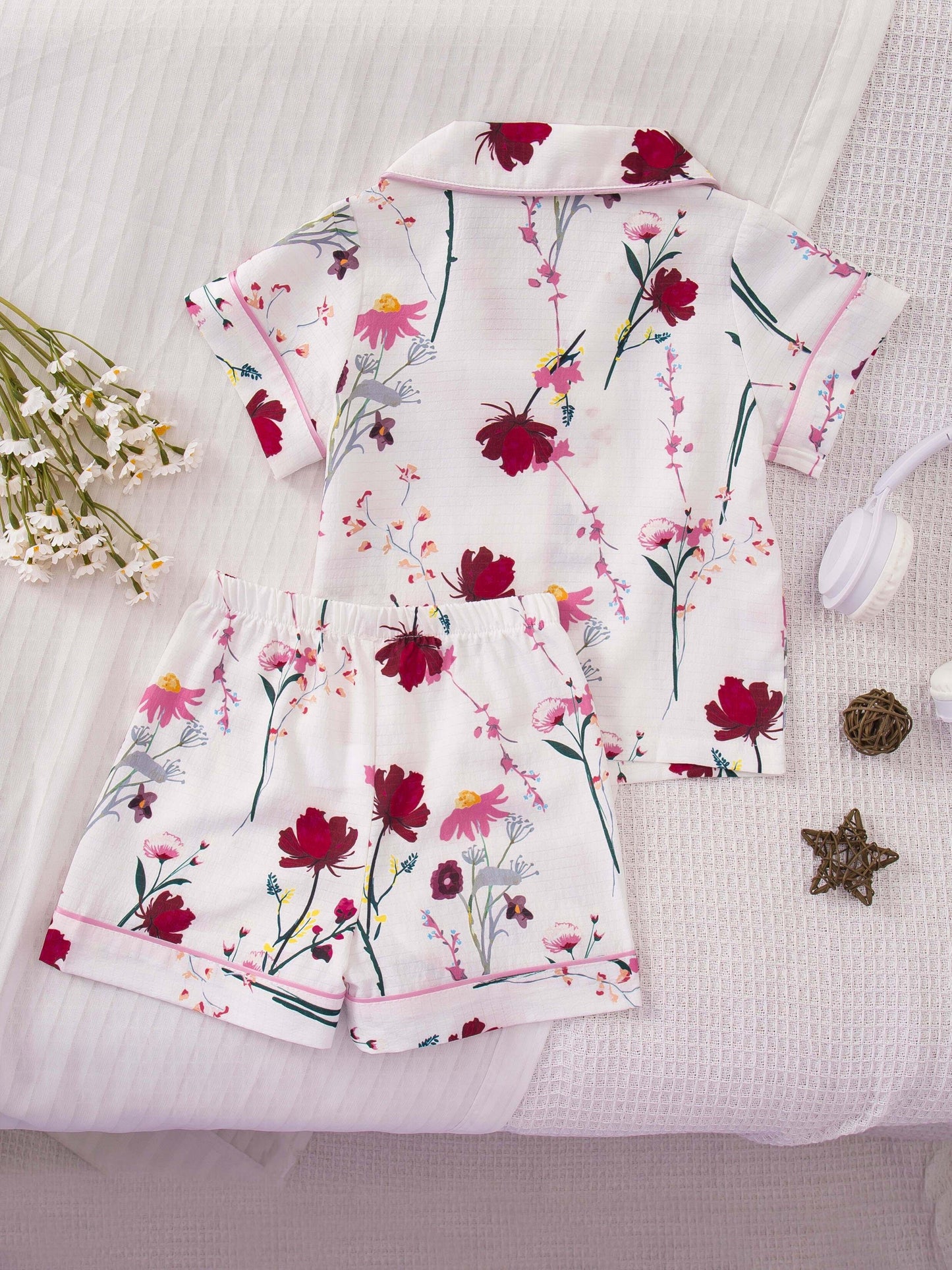 Random 1 Set Delivery! Girls' Collared Short-Sleeve And Shorts Pajama Set, Bows, Red Flowers, Pink Bows, Floral Prints. Elastic-Waist Loungewear, Bubble-Wrinkle Flame-Retardant Fabric, Comfortable And Skin-Friendly