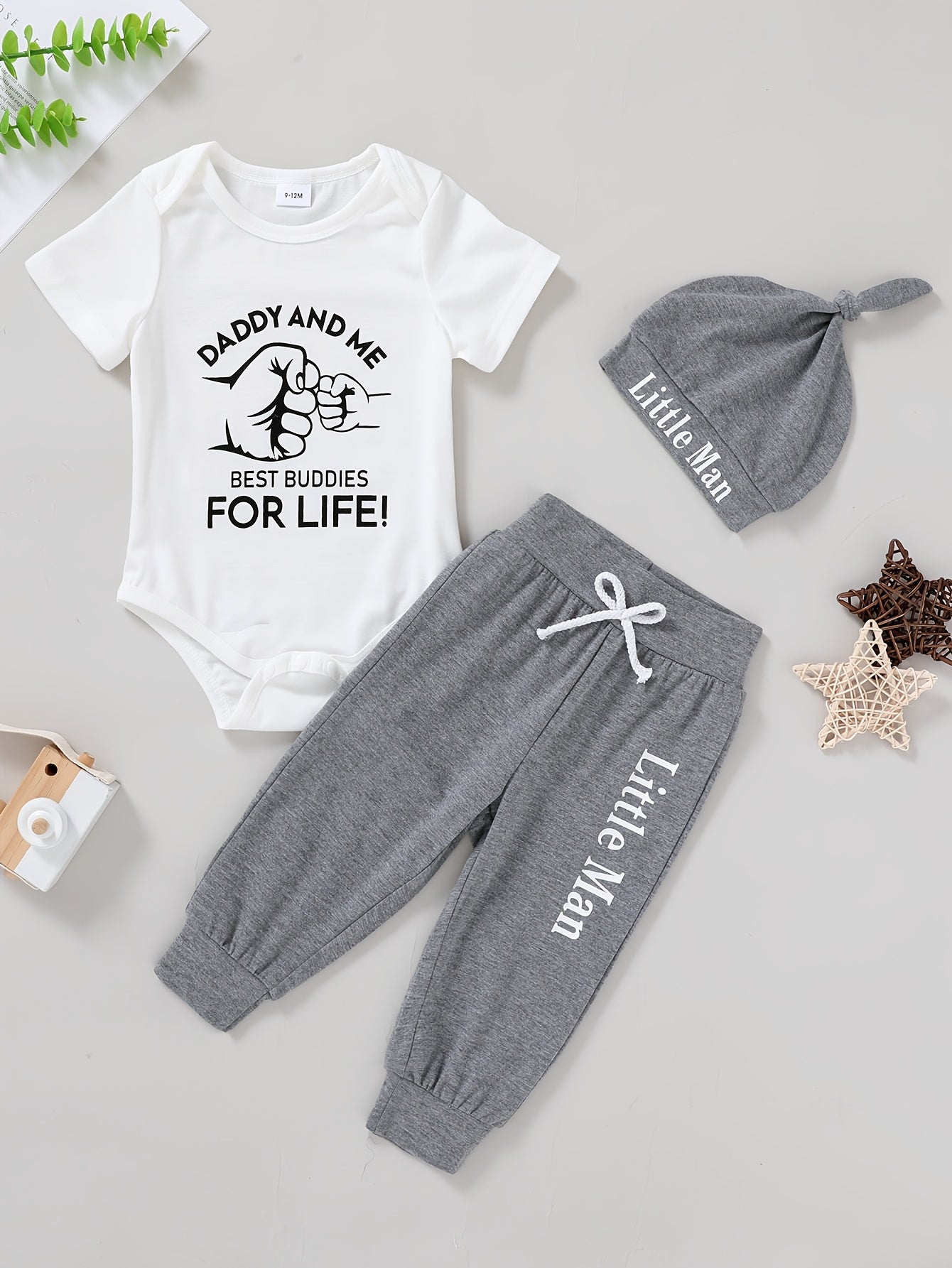 3pcs Cute Baby Boy Soft, Comfortable, Breathable Letter And Gesture Pattern Jumpsuit And Letter Slogan Front Tie Pants with Hat Suitable for Casual Daily Vacation Parties, Perfect for Outdoor