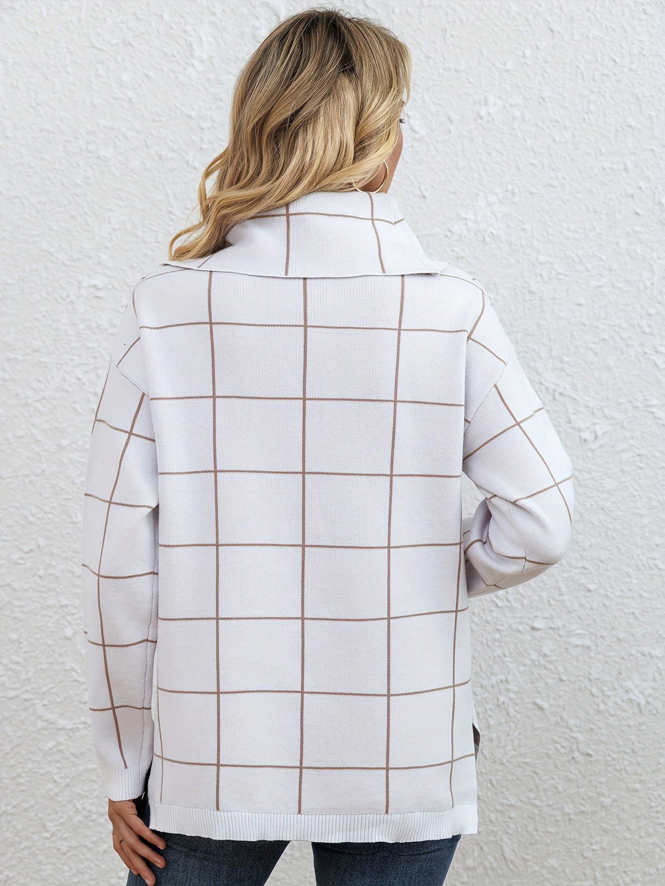 Women's grid jacquard high pile collar shoulder long sleeve loose comfortable fashion generous half long slit autumn and winter shirt