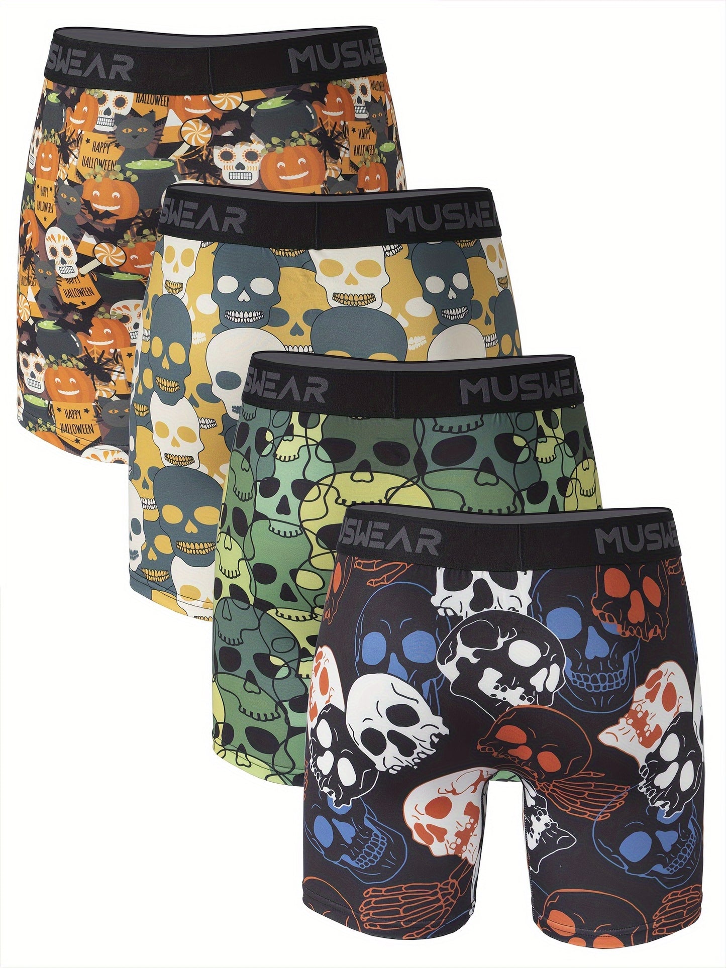 4pcs MUSWEAR Men's Boxer Briefs, Halloween Skull Print, Moisture-Wicking, Quick-Dry, Side-Opening, Long Length, Stretch Polyester with Spandex, Casual Sportswear Underwear