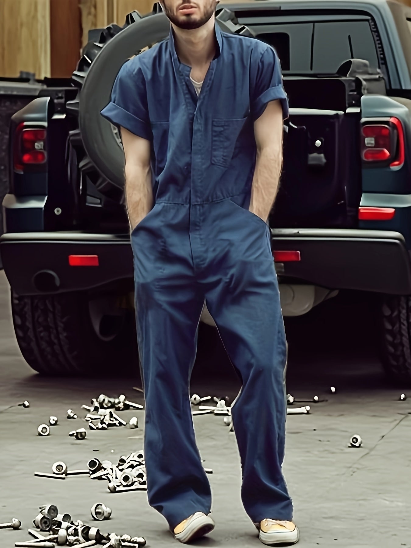 Men's Black Polyester Utility V-Neck Jumpsuit - product view 13