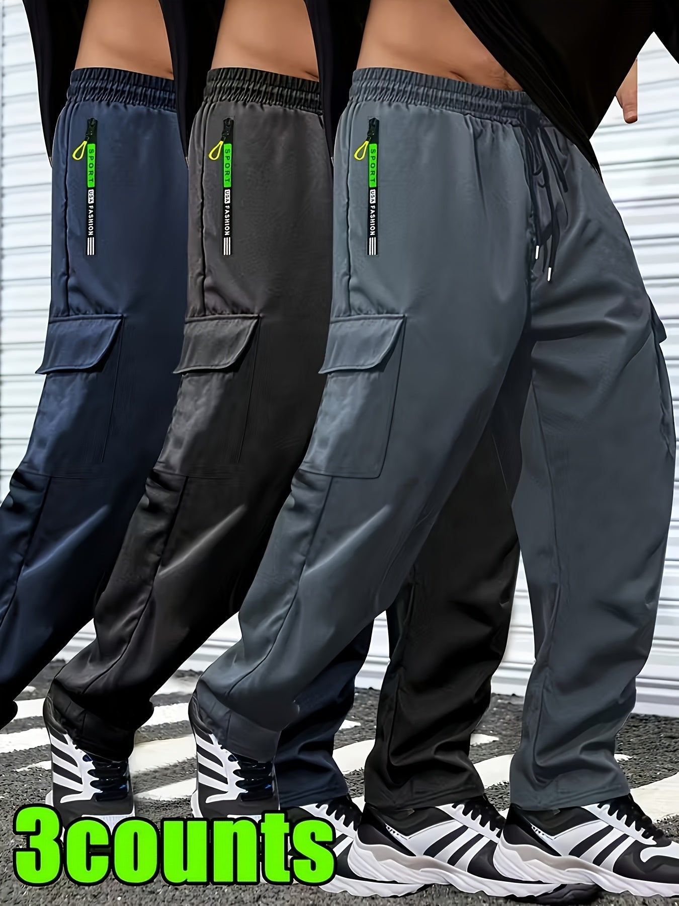 3pcs Men'S Slim Work Pants, With Drawstring Elastic Waist, Zipper Pocket And Large Patch Pocket. Comfortable And Breathable, Suitable For Outdoor And Daily Casual Wear.