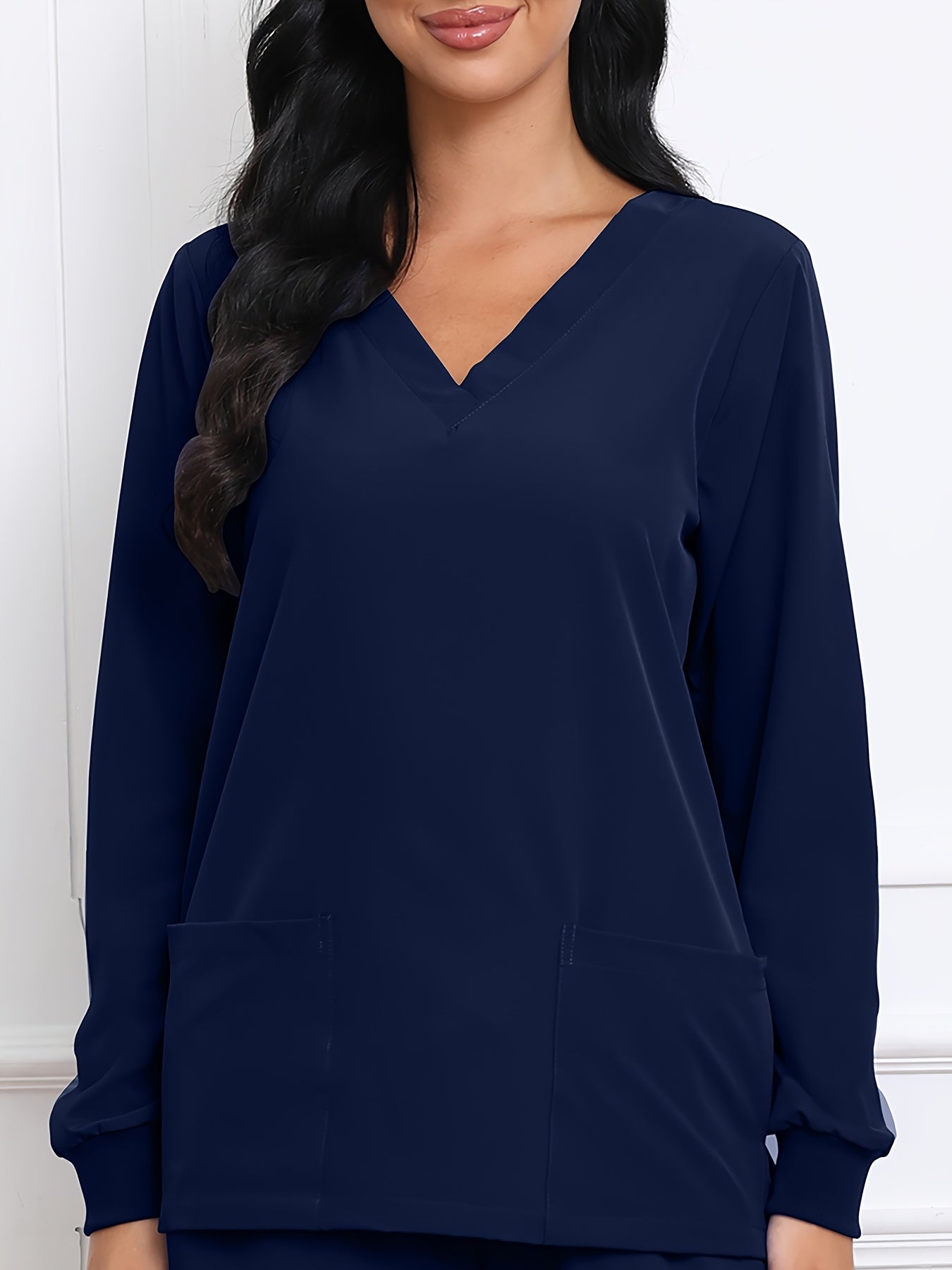 Women's V-Neck Long Sleeve Matte Breathable S Uniform Pockets Wash Clothes Work Shirt Scrubbing Top
