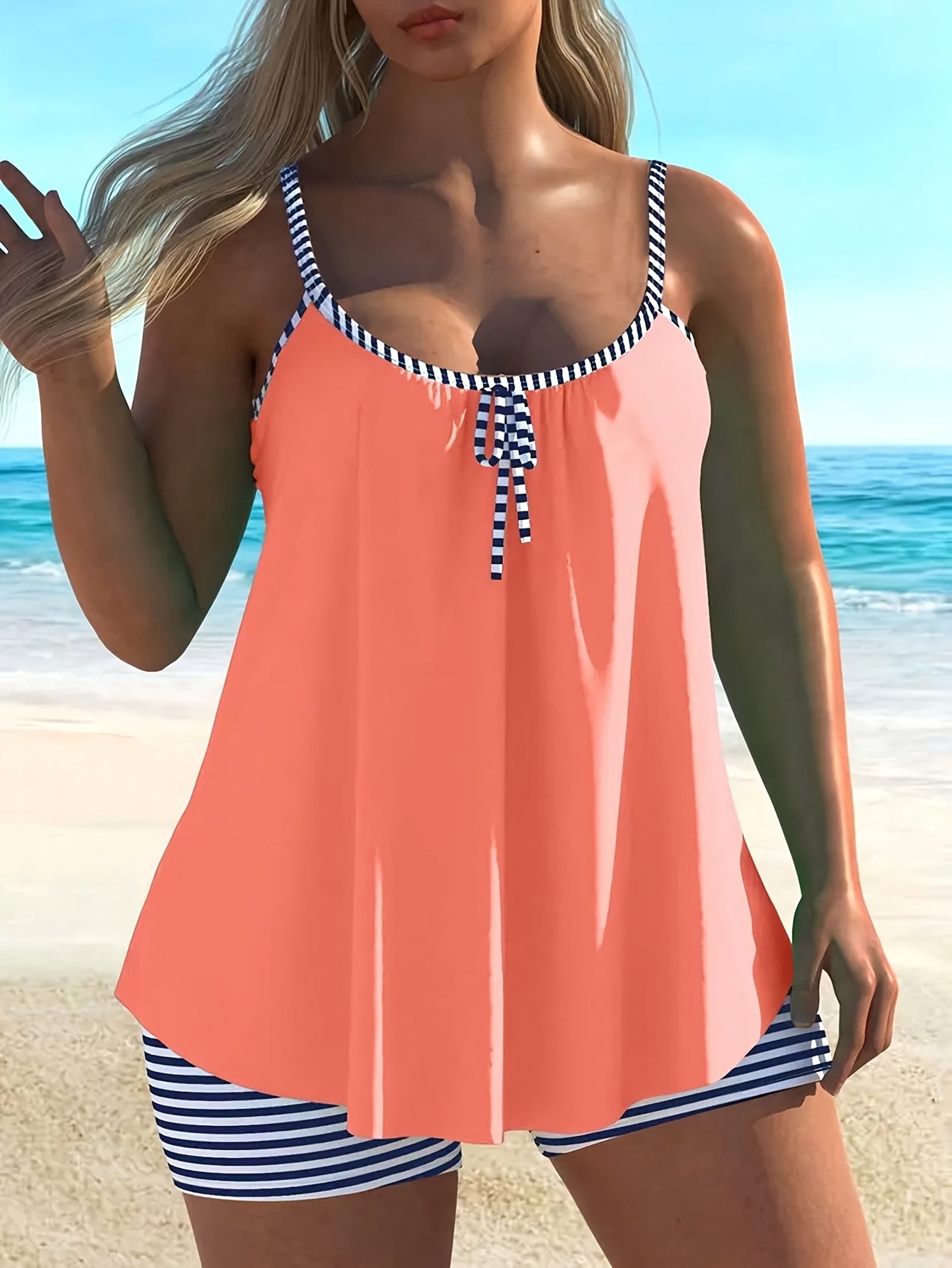 Adjustable Tankini Set - Solid Top & Striped Bottom