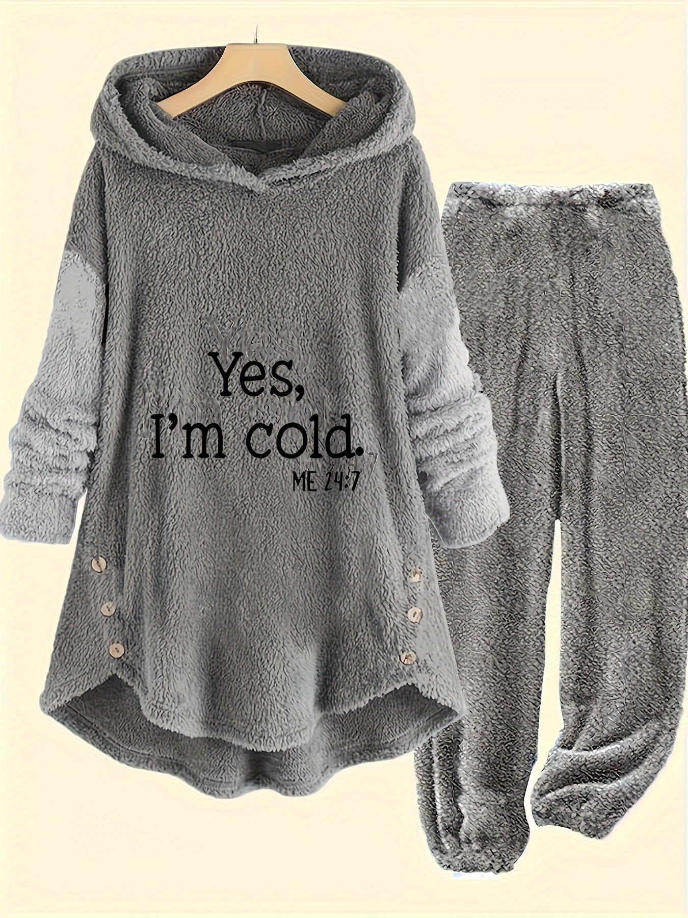 This Outfit Is a Cold Print Teddy Casual Pants Set with Button-Decorated Long-Sleeved Hoodie And Pants, Suitable for Autumn And Winter Season, Women'S Clothing