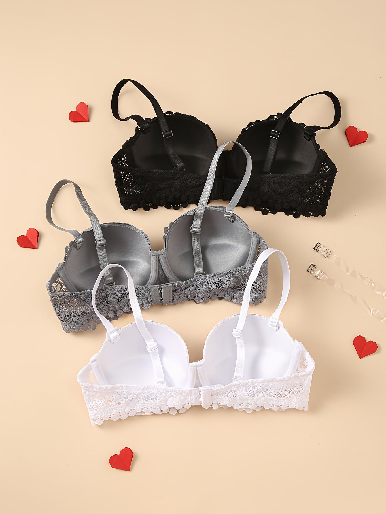 3pcs Half-cup Sexy Lace Lingerie Women'S Bra With Steel Band And Adjustable Shoulder Straps