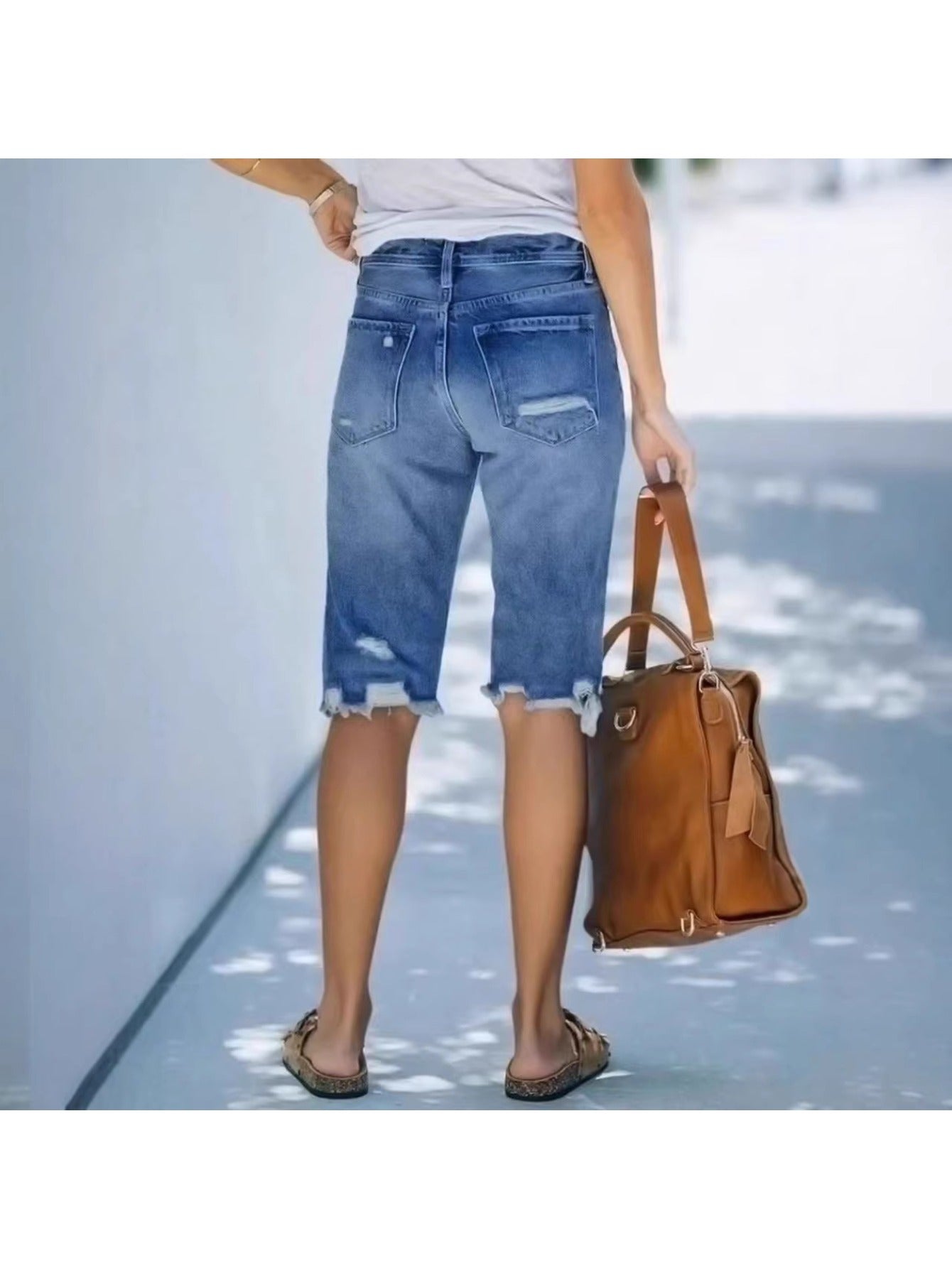 Womens High Waist Irregular Ripped Frayed Denim Bermuda Shorts Light Wash Straight Leg Pants for Summer Beach Vacation And Daily Casual Wear