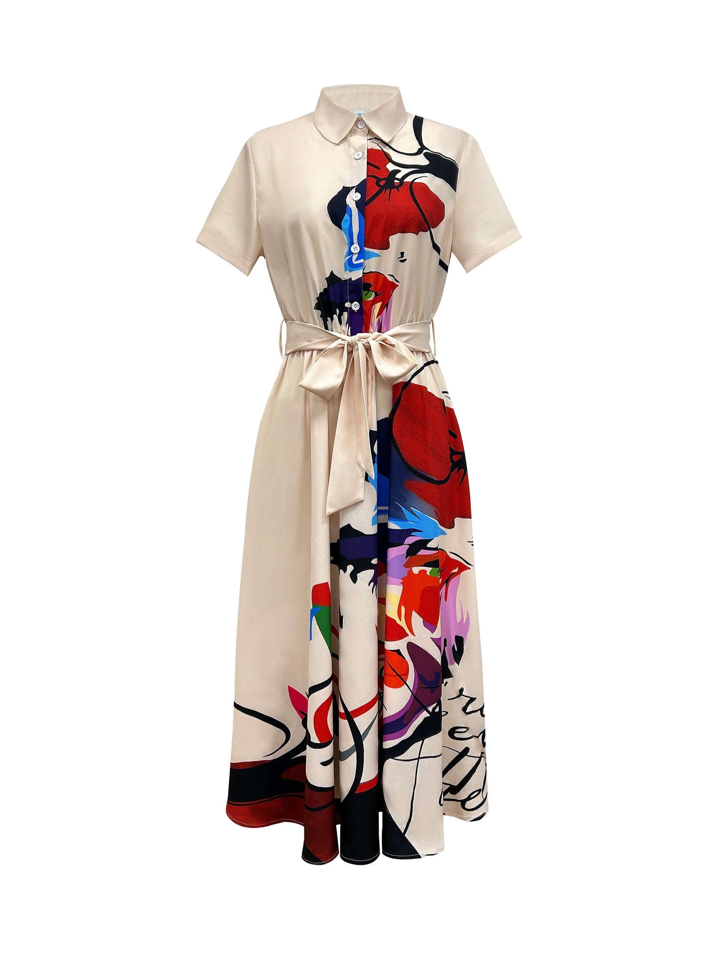 Women's Floral Print A-Line Dress with Button Front & Collared Short Sleeves - Vibrant Spring Summer Fall Casual Elegant Midi Dress, Machine Washable, Seasonal Wardrobe, Breathable Material, Adult Clothing