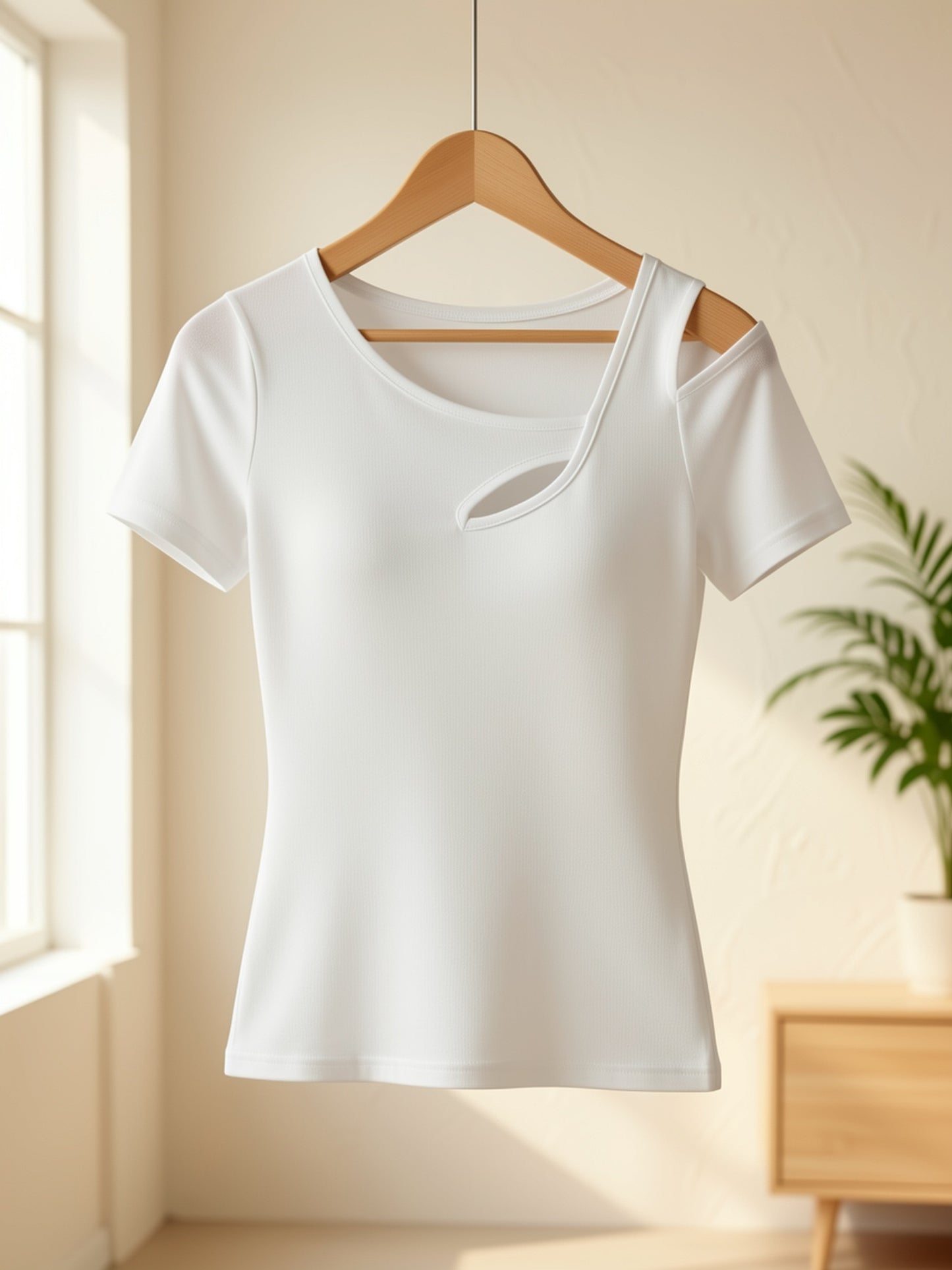 Elegant Slim-Fit Black T-Shirt for Women - Stylish & Comfortable Short Sleeve Casual Top, Machine Washable, with Chic Cut-Out Detail, Cute T Shirts