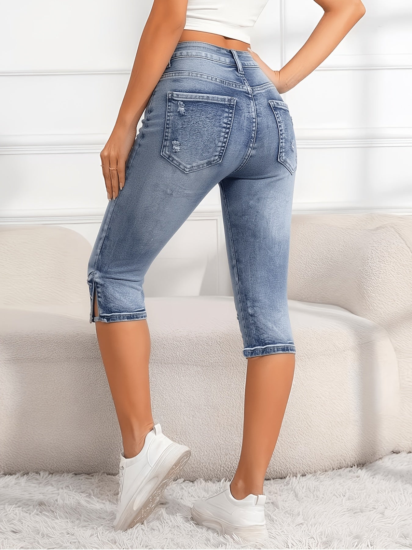 High Waist Light Blue Denim Capri Pants, Stretchy Slim Fit Casual Trousers For Women, Summer Versatile Bottoms
