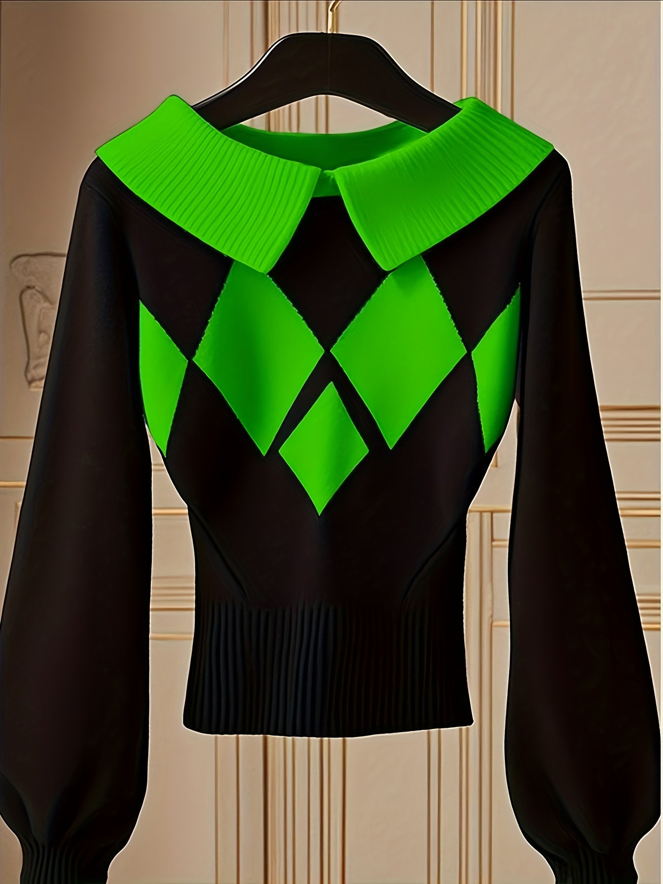 Women'S Elegant Sweater Lapel Diamond Plaid Knitwear Black And White Color Collision Long Sleeve Pullover Fashion Chic Lazy Wind Tops For Office, Party, Daily Wear - Fall And Winter Women'S Trend Tops
