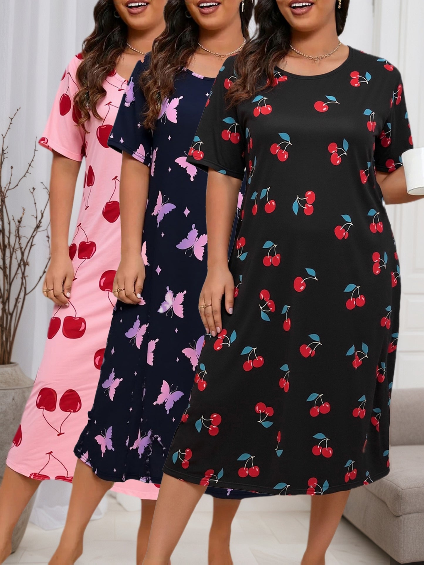 Plus Size Women's 3pcs Short Sleeve Dress, Casual Loose Round Neck Fabric, Color-block Design, Slightly Elastic, Spring Summer Autumn Nightgown Hole, Maternity Dress.