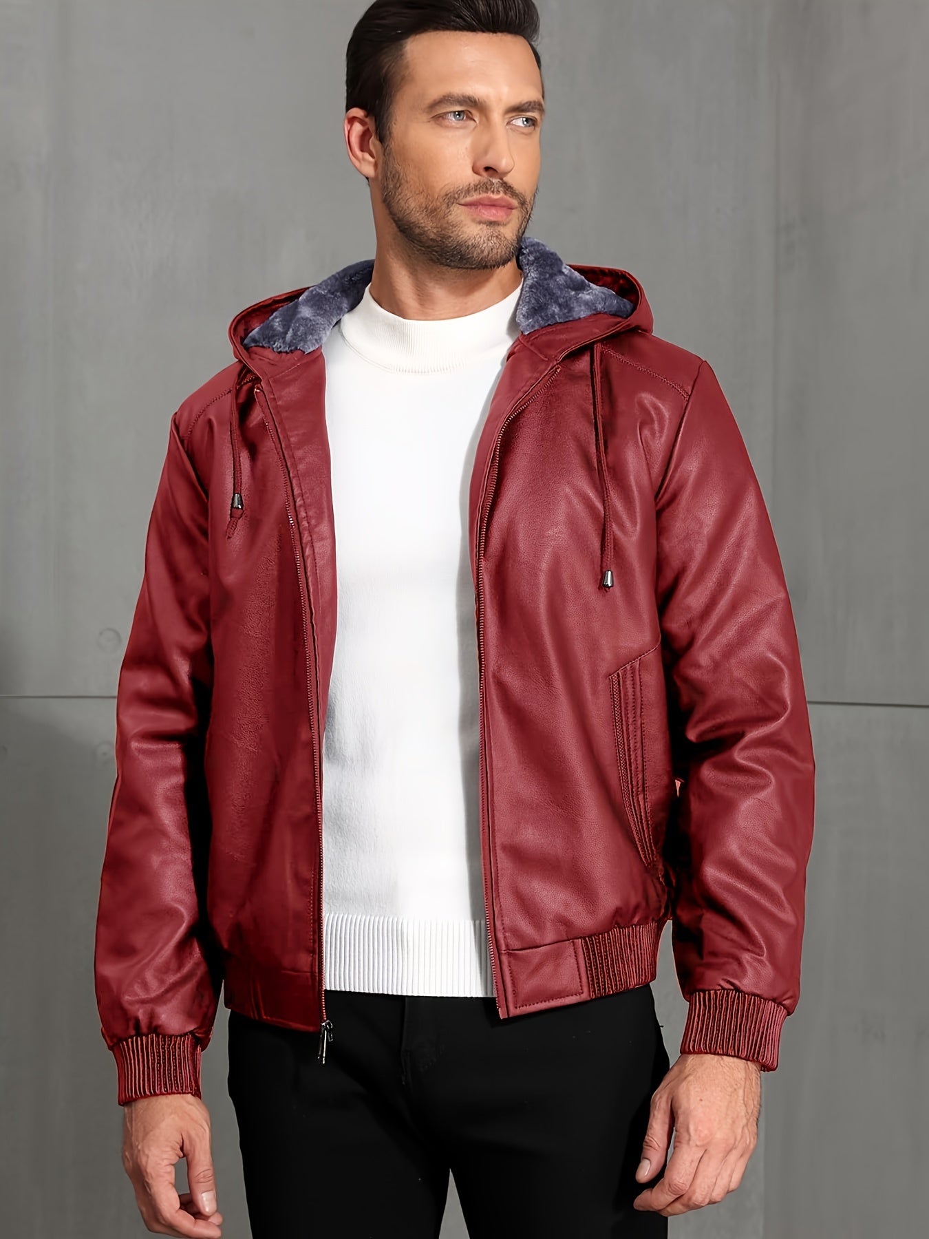 Men's Solid Color PU Faux-Leather Hooded Jackets, Trendy Thick Jacket for Spring Autumn