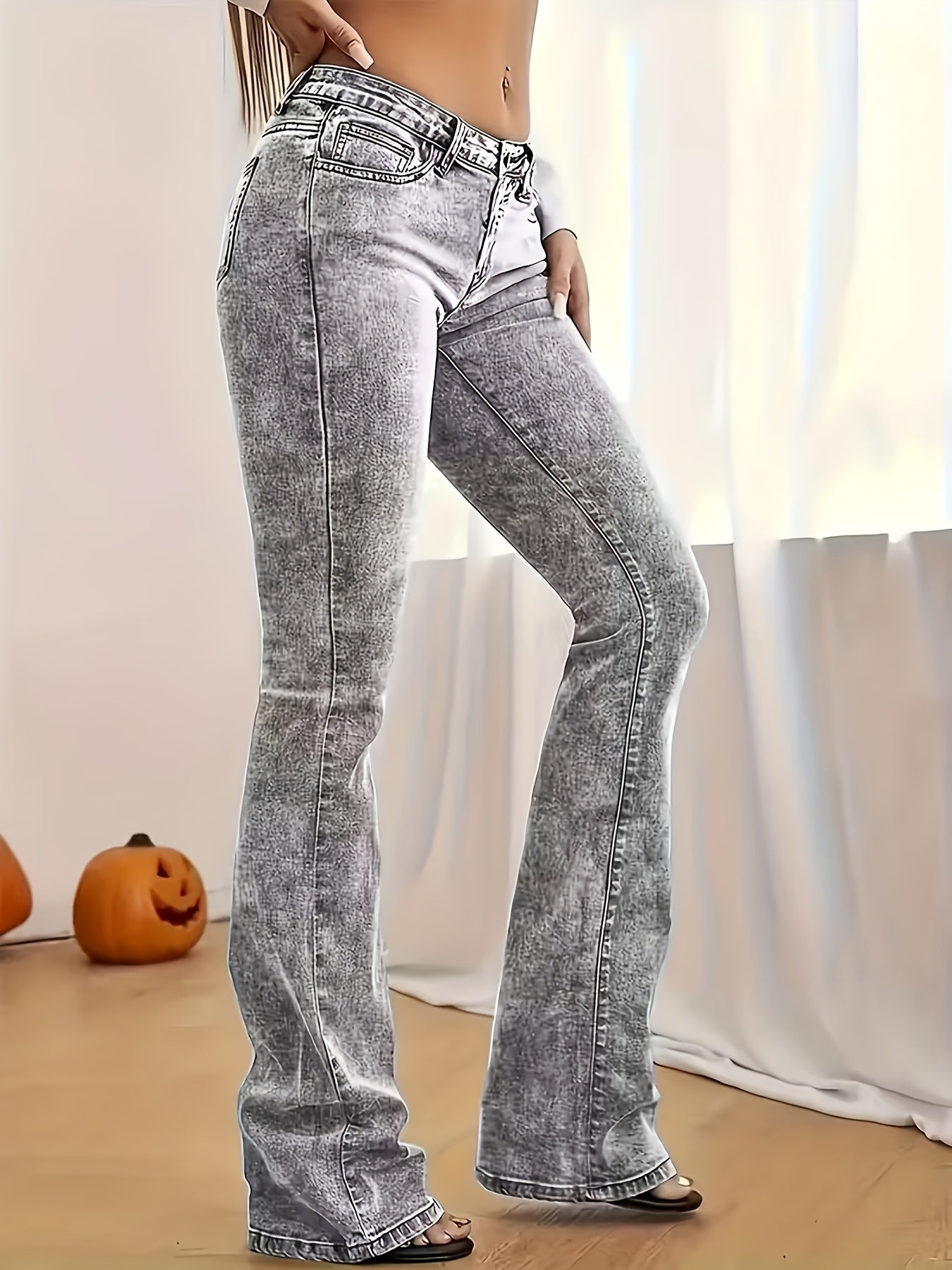 1pc Fashionable Slim-Fit Stretchy Flared Pants 8150 Casual Style, Medium Stretch Fabric, Washed Solid Color, Long Length, Low Waist, Button Fly Closure, Suitable For Weekend Casual
