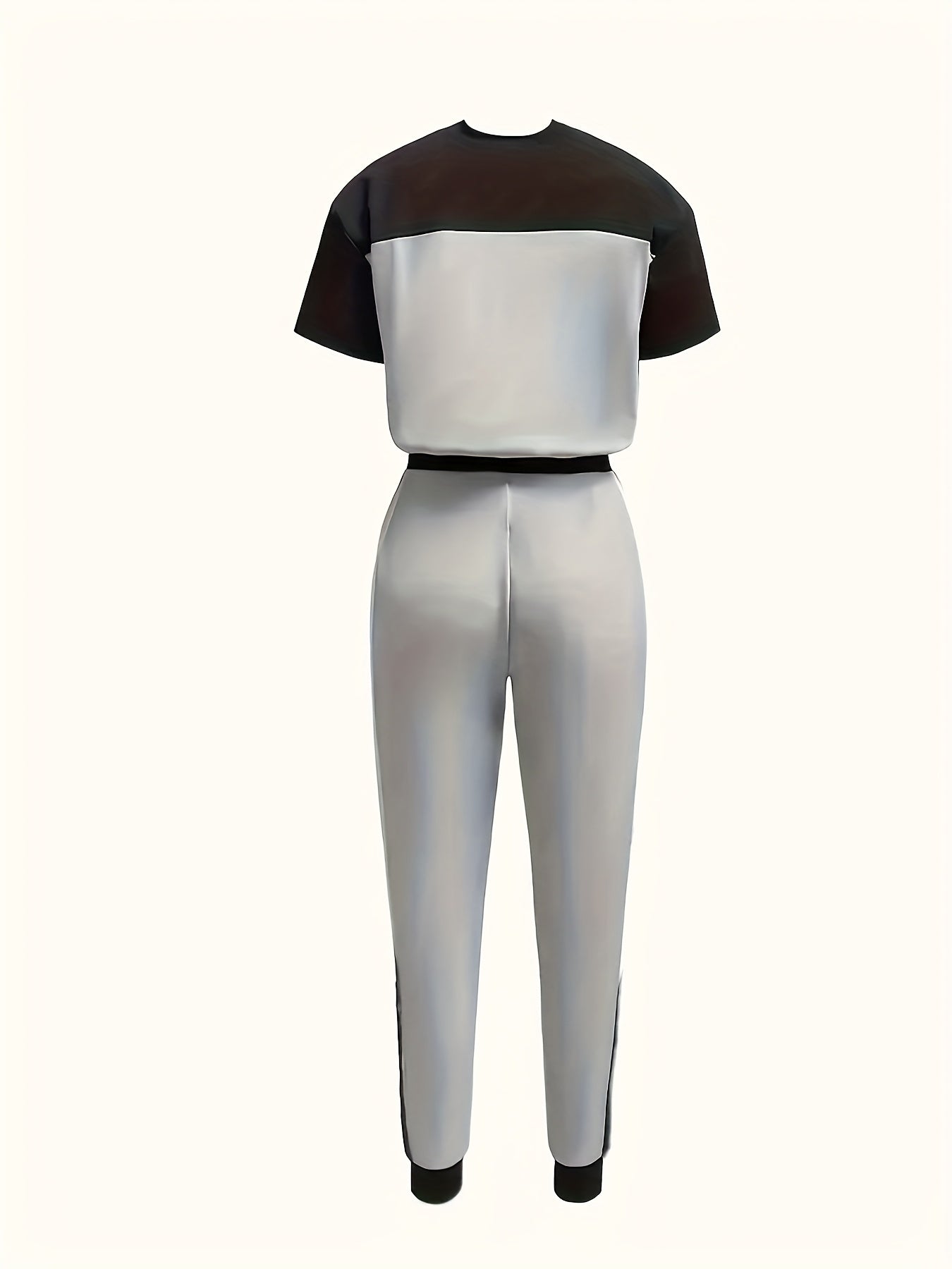 Stylish And Relaxed Color-Blocked Round-Neck Short-Sleeve T-Shirt Paired with Long Pants