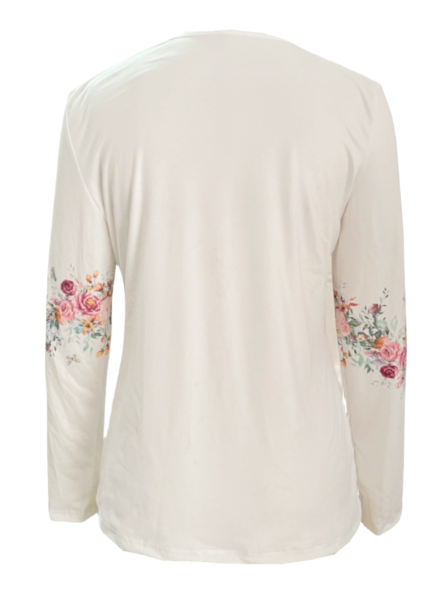 New Spring And Autumn White Studded Rose Print Long-sleeved T-shirt Casual Top