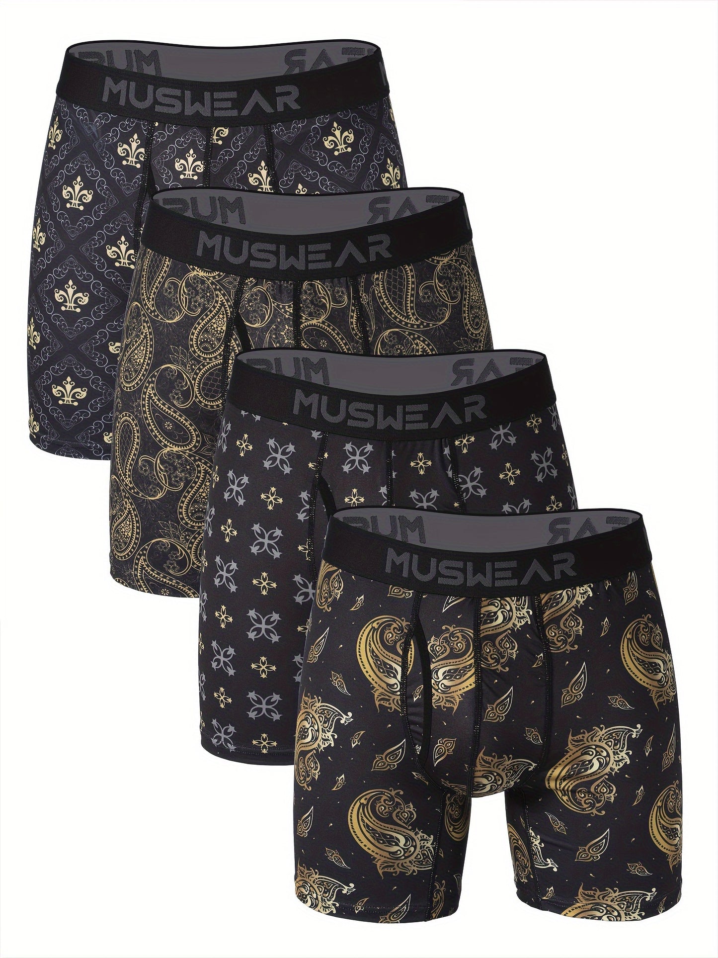 4pcs Men's Quick-Dry Boxer Briefs - Moisture-Wicking, Breathable with Side Openings, Baroque Print, Stretchy Polyester & Spandex Blend, Machine Washable