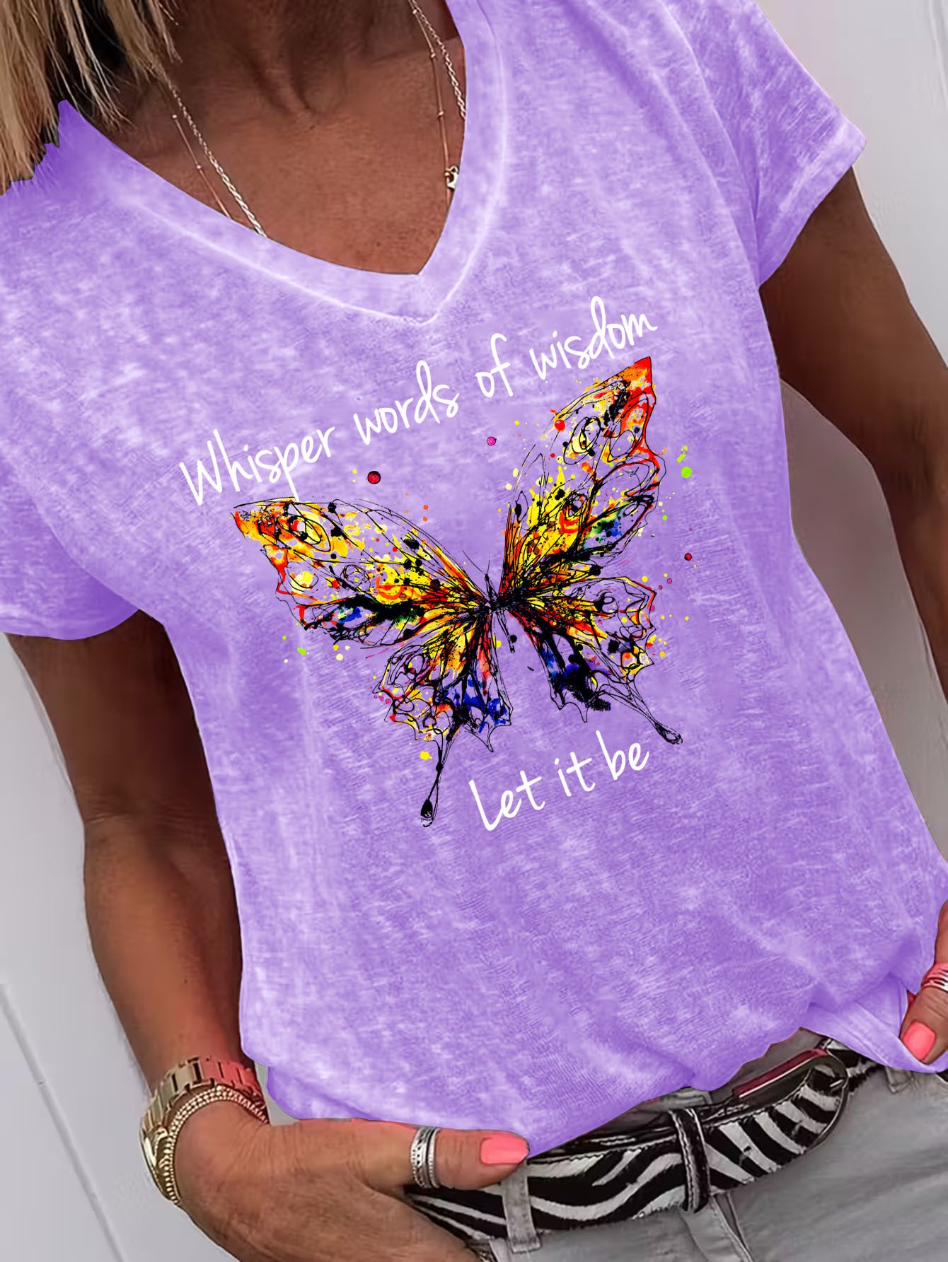 Women's V-Neck Short Sleeve T-Shirt Colorful Butterfly& "Whisper Words Of Wisdom" Print Casual Tee