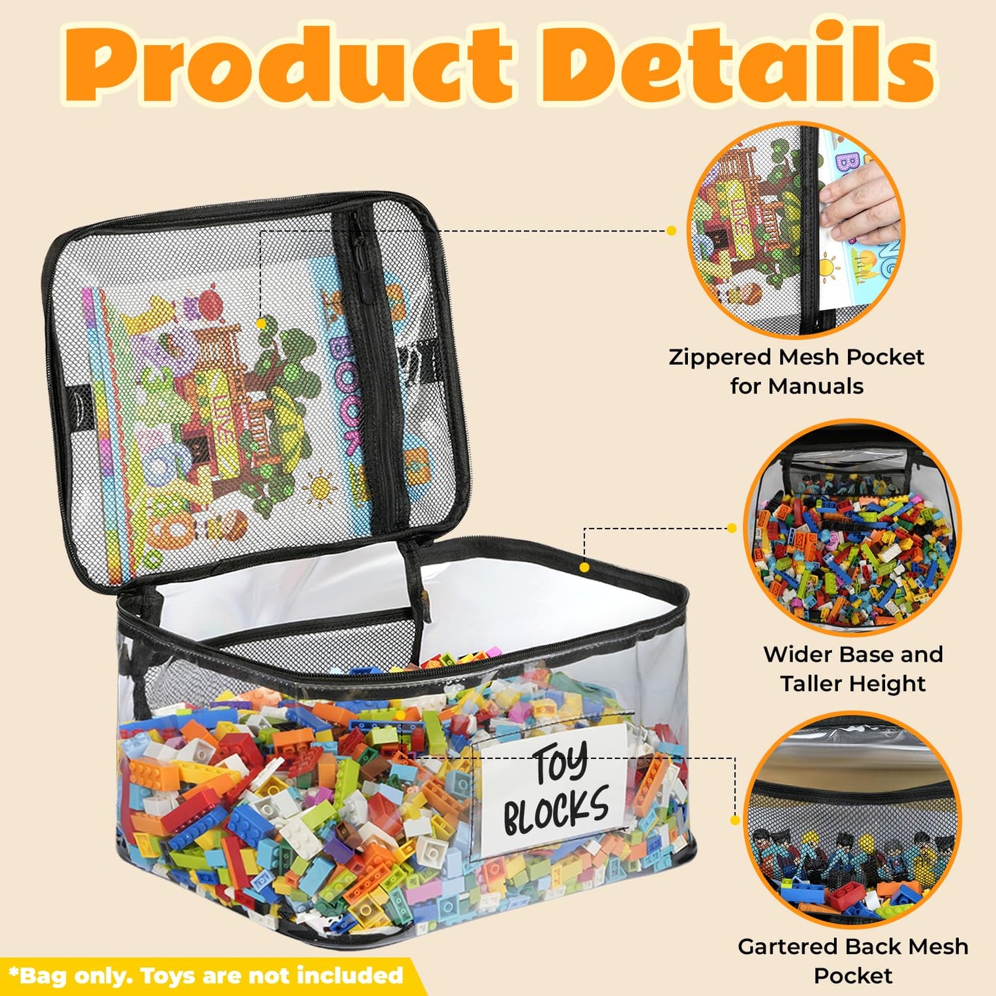 6-Pack Extra Large Storage Bags with Zipper & Labels, Reusable Clear TPU Waterproof Organizer for Kids', Building Blocks, Puzzles, Dolls, Board Games - Durable, Bra-Free, Travel-Friendly