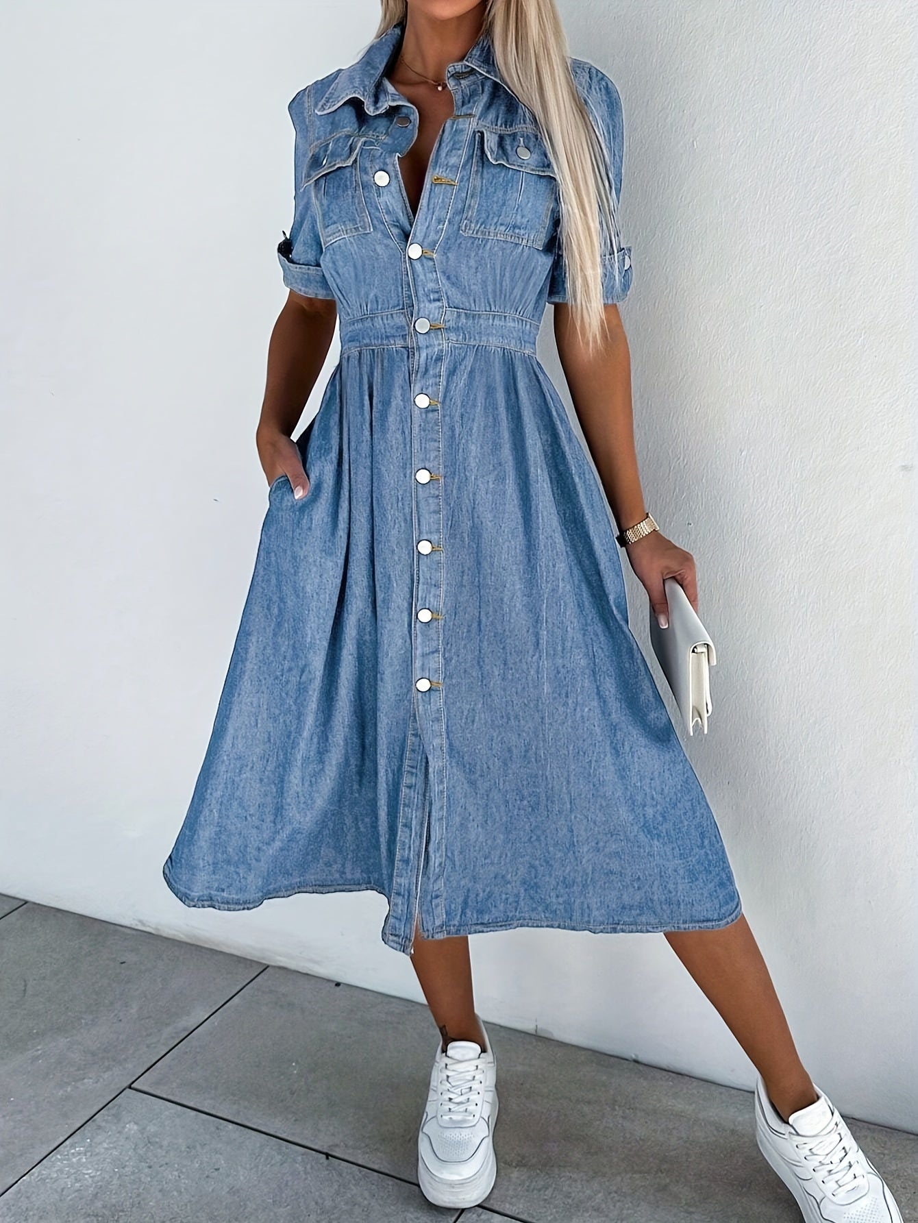 Women's waist a-line Jean Dress Row button V-neck dress