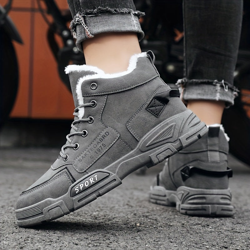 Men's Warm Snow Boots - Winter Mountaineering Boots with Velvet, Soft PVC Bottom, Anti Slip And Wear Resistant PU Fabric Outdoor Activity Shoes (Yellow, Grey, Black, Lace Design), Mid Length, Sturdy Structure, Suitable for Cold Weather, Vibrant Life