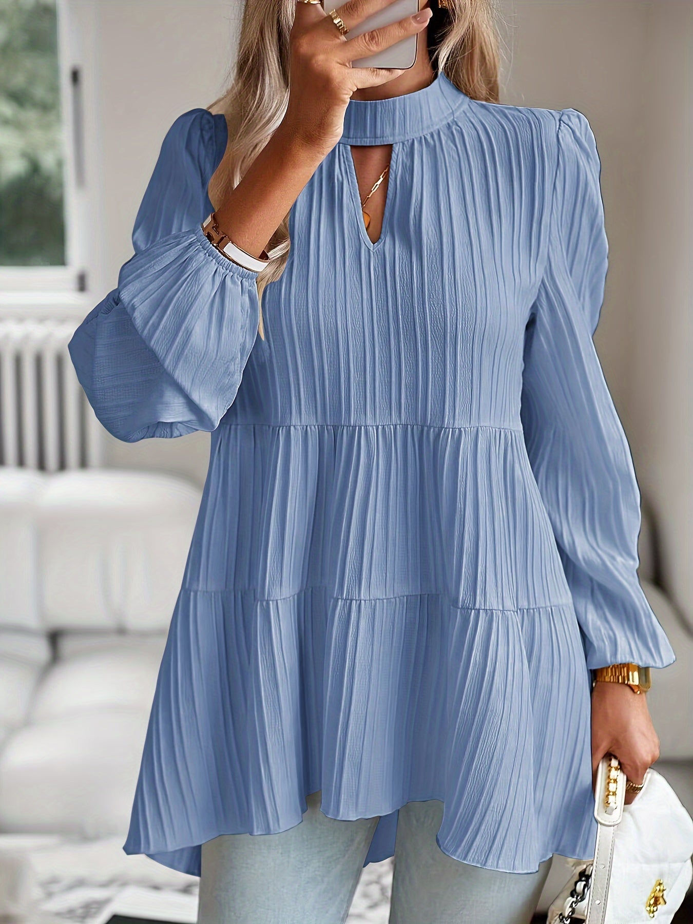 ZAFUL Women's Elegant Ribbed Shirt - Loose Fit Long Sleeve Oversized Blouse, Solid Color Round Neck Tunic Top, Machine Washable Loose Layers for Spring/Autumn & Year-Round Wear (Non-)