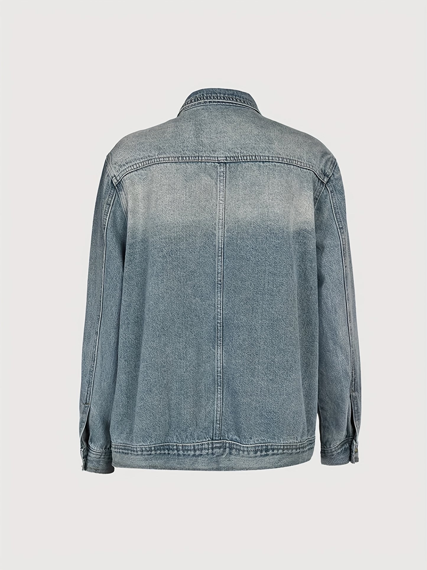 Women's Vintage Washed High Neck Asymmetric Button Denim Jacket - Loose Fit Drop Shoulder Streetwear Coat, Single-Breasted Collar Jacket for Spring/Fall/Winter, Casual Outerwear Blouse