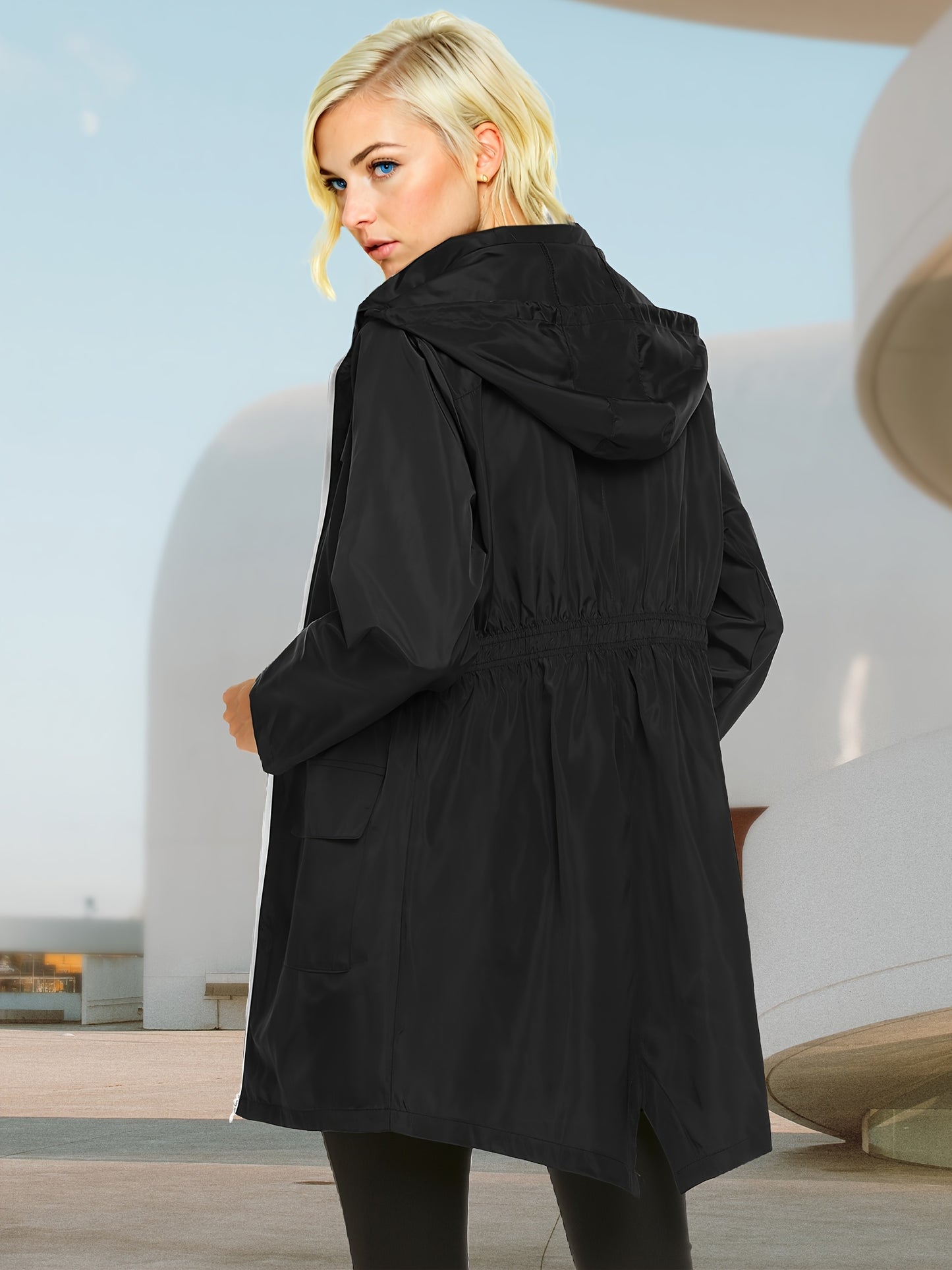 Women'S Lightweight Hooded Rain Jacket - Casual Outdoor Jacket with Drawstring Hood, Zippered Pockets & Solid Color Design for Spring/Fall, Raincoat for Women