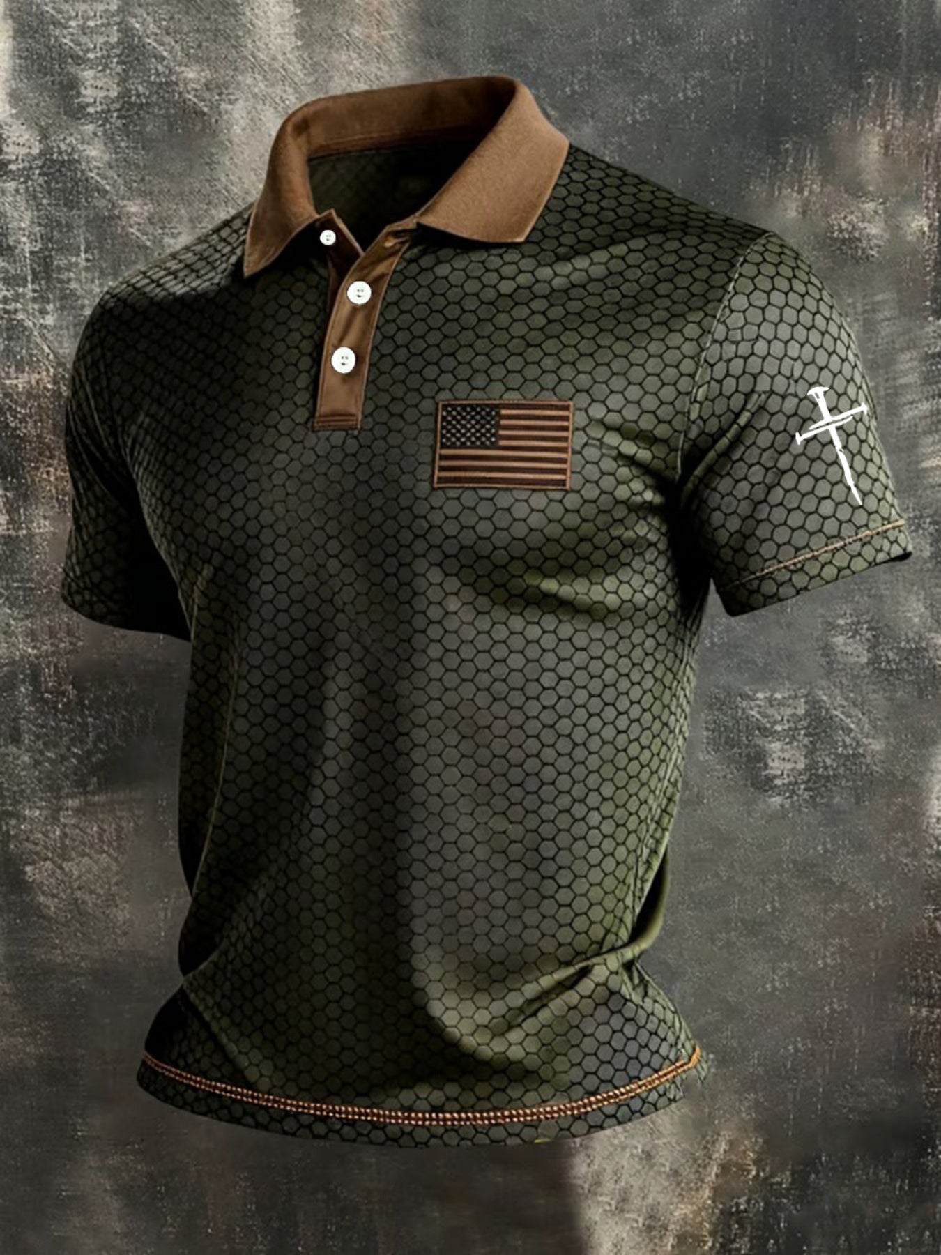 American Flag Gradient Cross Print Polo Shirt for Men's Casual Lapel Short Sleeved Patriotic Themed Commuting Top, American Flag Armband Contrasting Striped Short Sleeved Casual Business Lapel Top