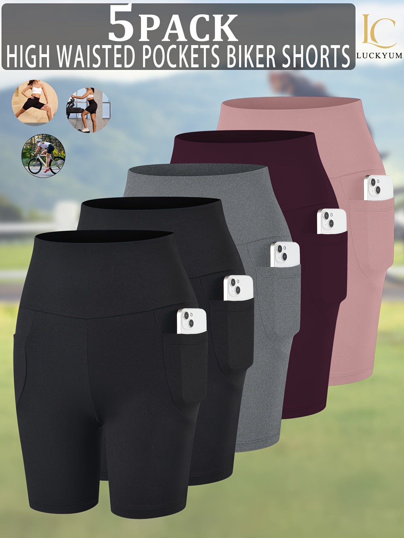 5 Pack 5" High Waisted Biker Shorts for Women with Pockets, Super Soft Tummy Control No See Through Workout Running Yoga Athletic Shorts, 6"Inseam RUNNING