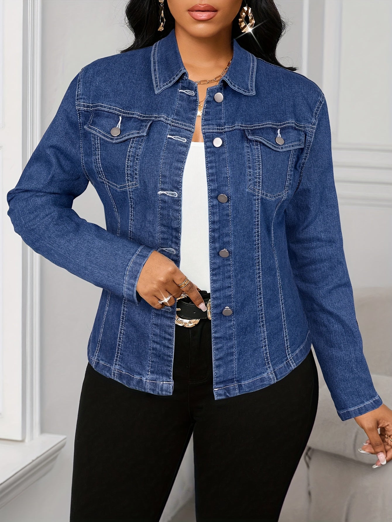 Women's Slim-fit Street-style Denim Jacket, Trendy And Fashionable, Durable Dark Blue Denim Material That Replicates Classic Designs, Featuring Metal Buttons And Dual Pockets, Stretch Fabric, Suitable for Autumn And Winter.
