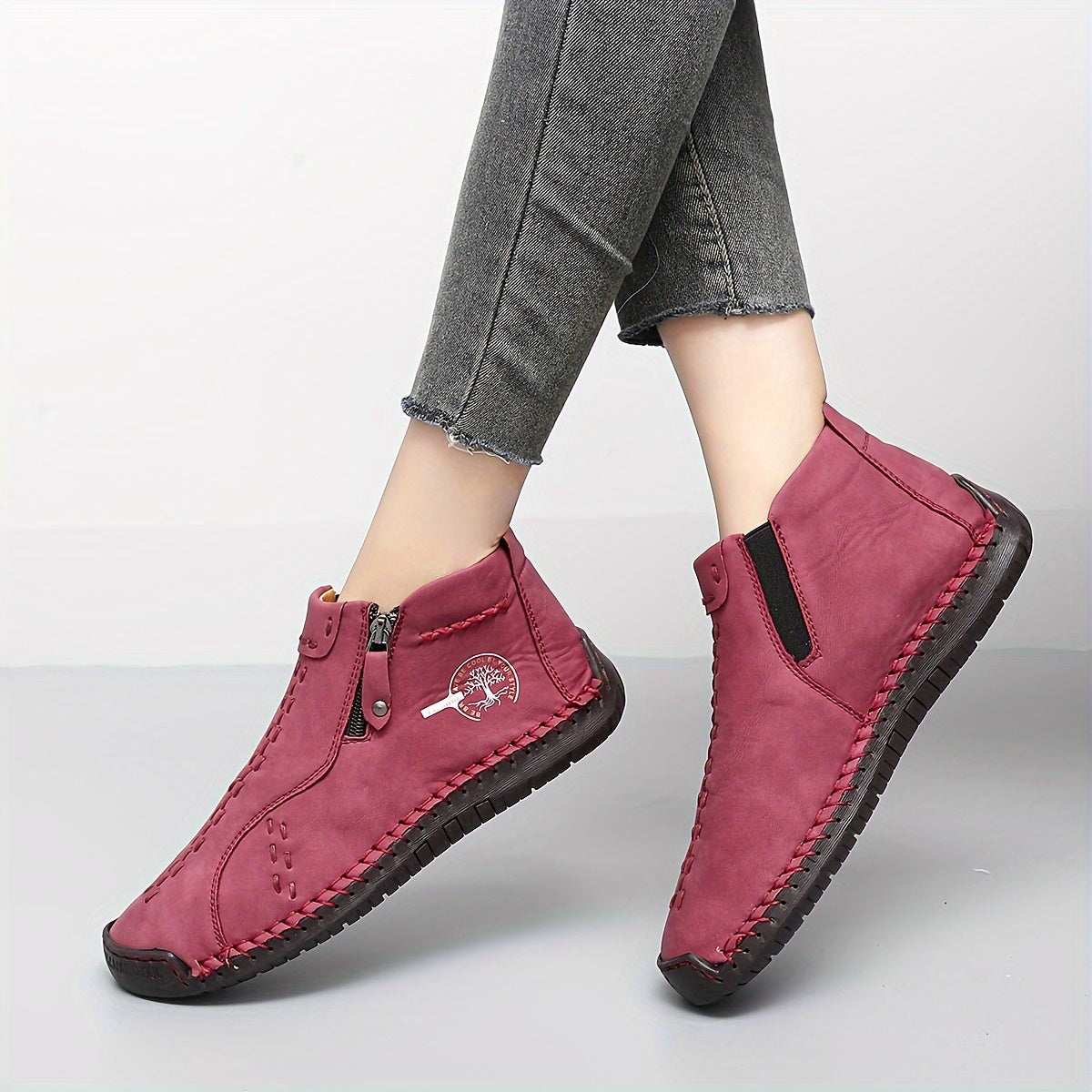 Ladies Plus Size Classic Boots Outdoor Casual Shoes with Zipper Decoration Handmade British Style Flat-bottomed Booties., Women Shoes