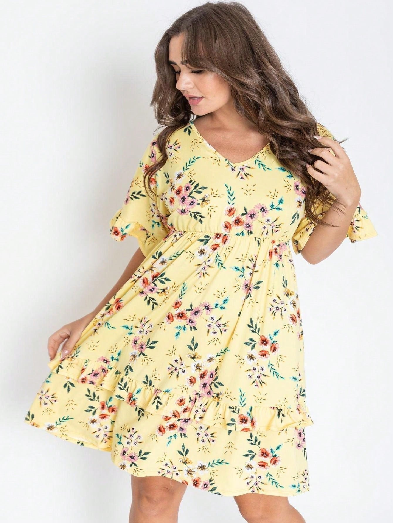 Vintage Boho Navy Pink Yellow White Charcoal Floral Ruffle flutter Trim Midi Dress S-3X