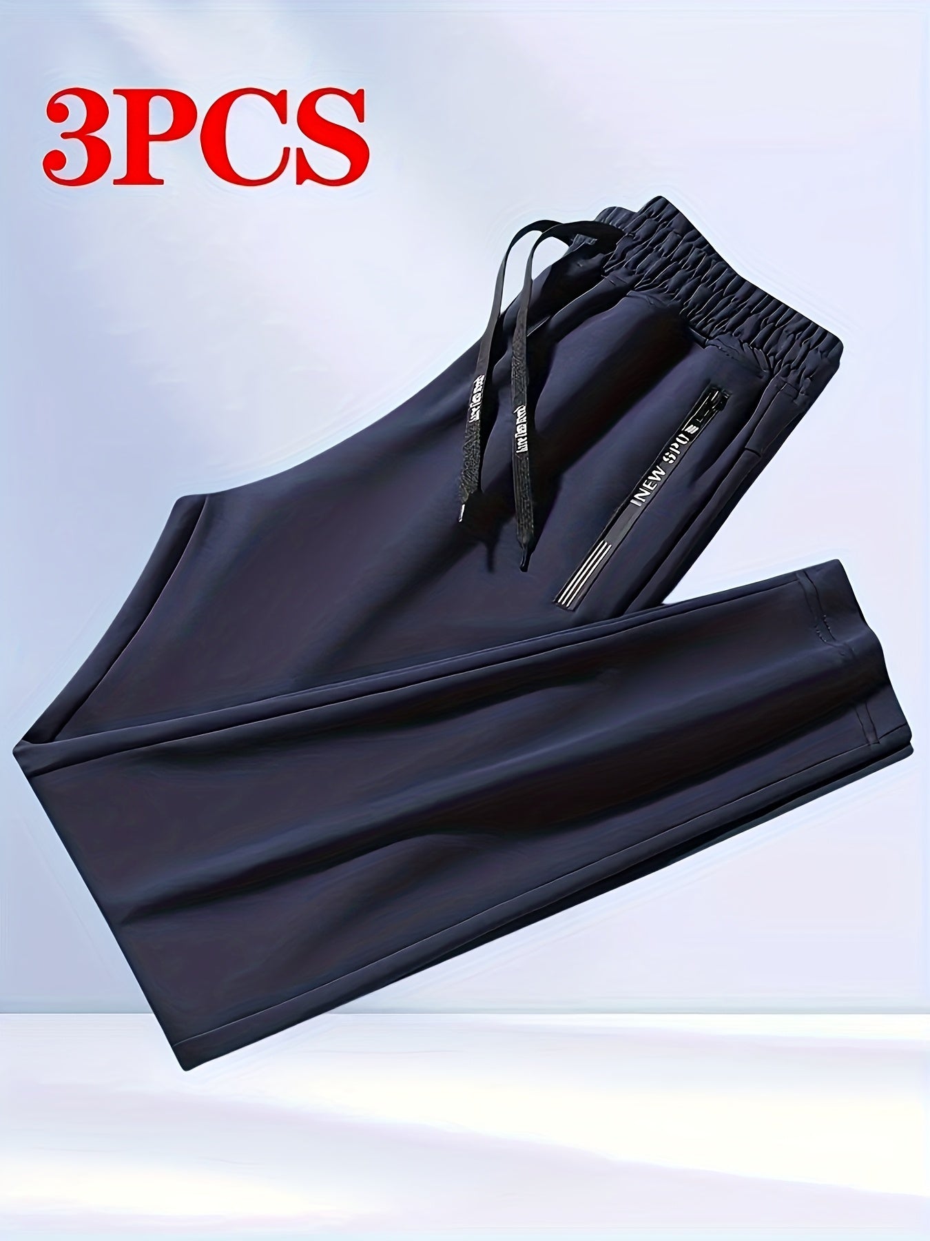 Men's 3pcs Set Solid Color Loose Casual Sport Pants - Letter-printed Zipper Pockets, Elastic Drawstring Waist, All-season Fitness And Daily Jogging Pants, Machine-washable Black/navy Blue/gray - Mens Sweatpants for Summer 3pcs with Pockets