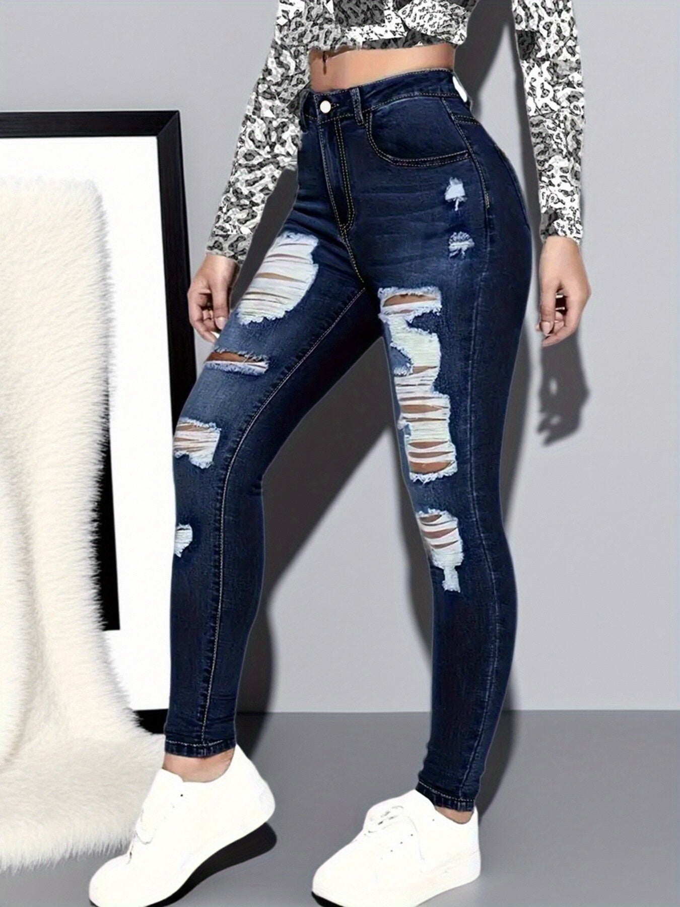 Ladies High Rise Distressed Skinny Jeans, Dark Blue Stretch Denim, Ripped Frayed, Casual Streetwear Night