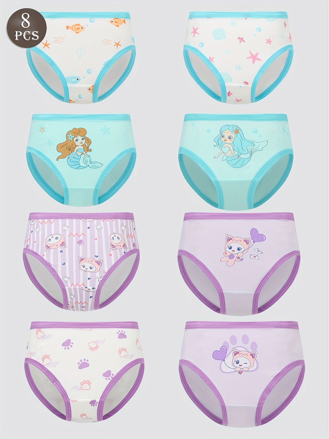 8pcs Girls Cotton Briefs Soft Cute Animal Print Girls Underwear