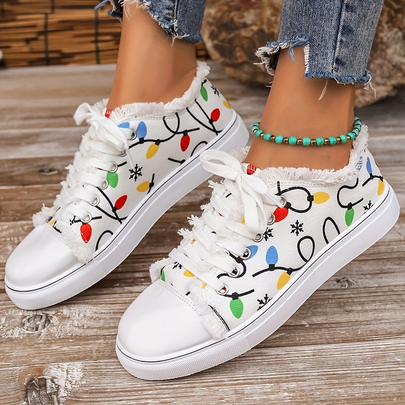 Women's Colorful Print Lace-up Low-top Flats, Lightweight Comfortable Casual Sneakers, Women Shoes