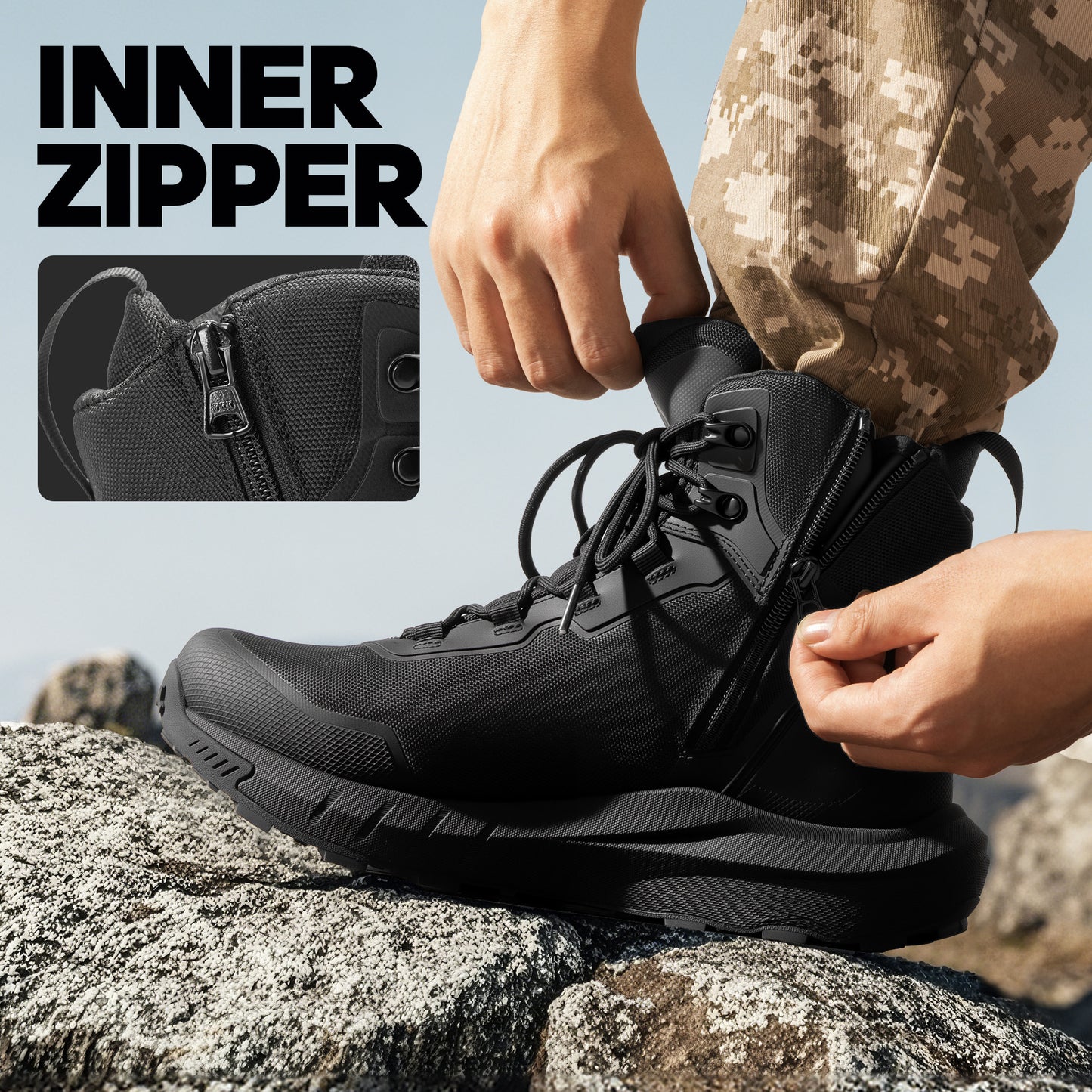 NORTIV 8 Men's Tactical Hiking Boot Lightweight Boots for Work All Day Side Zipper Motorcycle Combat Boot Arch Support 8 Inches