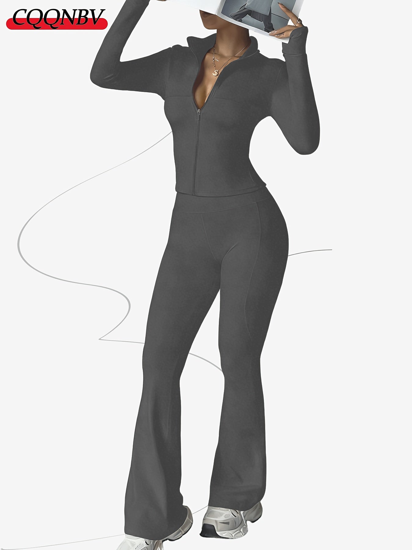 Zippered Long-sleeved Top with Flared Pants Set - Fashionable And Elegant Women's Outfit for Daily Casual Wear, And S. Available In Black, Gray And Beige Colors. Women's Tight Casual Outdoor Attire.
