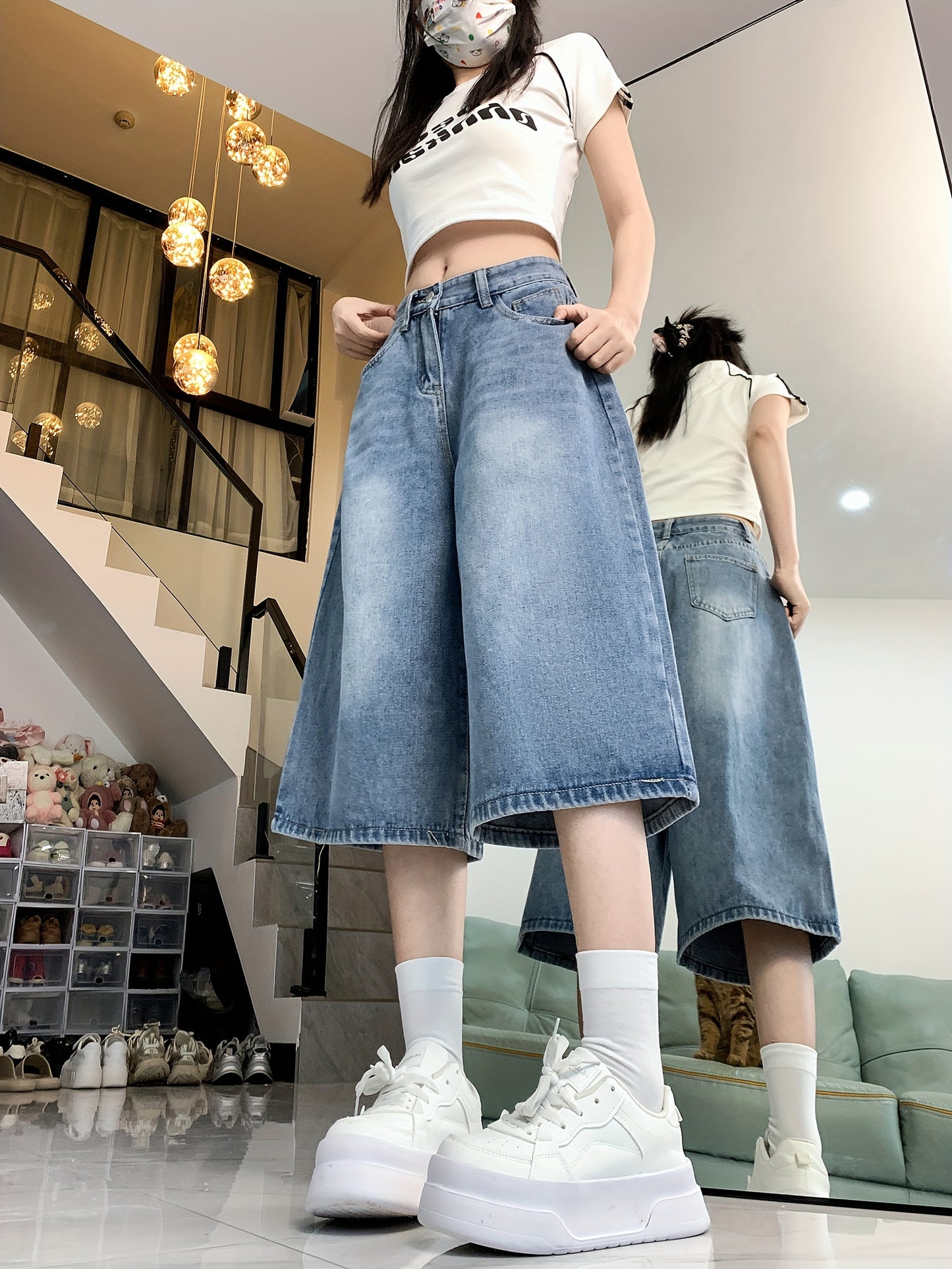 High-Waisted Denim Shorts for Women, Featuring a Casual Straight Leg Design with a Button Fly, Available in Solid Colors with a Slight Stretch And Washed Detailing, Perfect for Spring And Summer