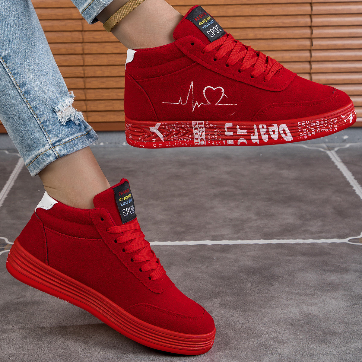 Women's Red High-Top Skate Sneakers - Lightweight, All-Season Casual Outdoor Shoes with Heartbeat Design, Rubber Sole, and Fabric Lining for Couples, Skate Shoes, Women Shoes