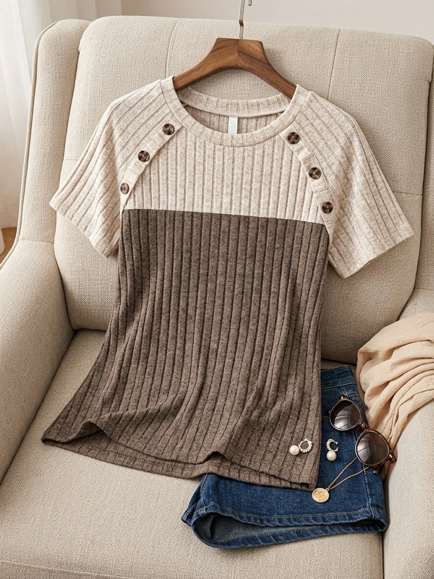 Ladies' Comfortable Top, Elegant Loose, Basic Shirt, Round Tie, Button T-shirt, Casual Two-color Short-sleeved Pullover