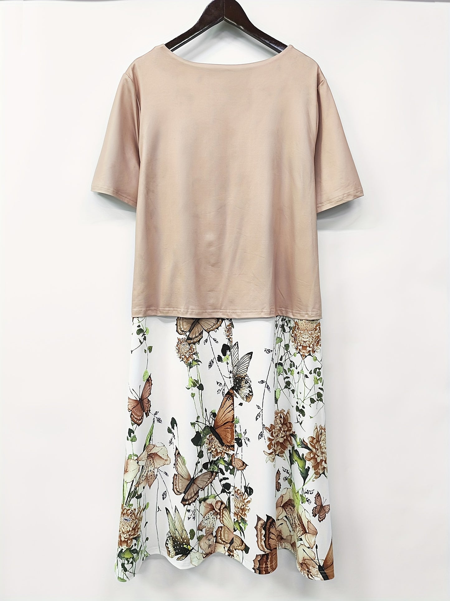 Plus Size - Plus Size - Women'S Round Neck Fake Two-Piece Elegant Dress - Fitted Short-Sleeved Midi Dress, Versatile And Suitable for All Seasons, Suitable for Work, Travel And Daily Wear, Butterfly And Flower Print, Machine Washable Soft Fabric