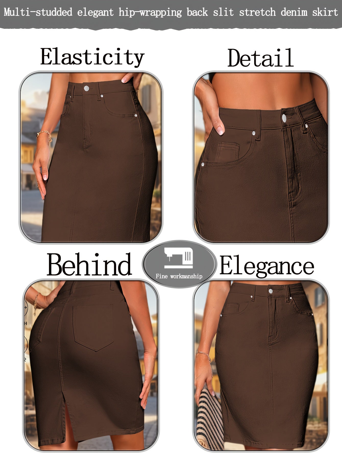 Women'S Stretch Denim Skirt - Bodycon High-Waisted Knee-Length with Multi-Stitch Detail And Back Slit, Elegant Casual to Dressy Versatile Style for Spring Summer Fall, Seasonal Fashion, Quality Craftsmanship, Fall Wardrobe, Fitted Construction