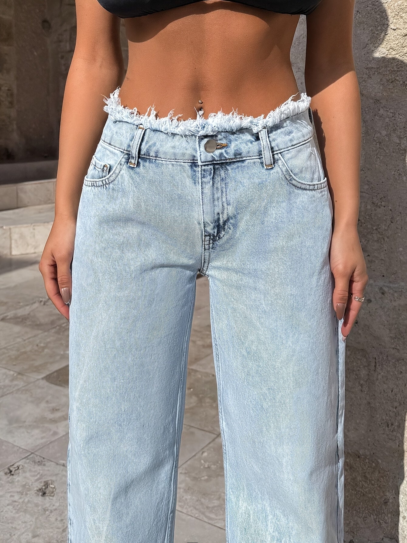 Light Blue Wide Leg Jeans, Waist Edge Pant Leg Personality Design, Loose Version Of The Long Leg, Casual Fashion Simple Style Denim Wide Leg Pants