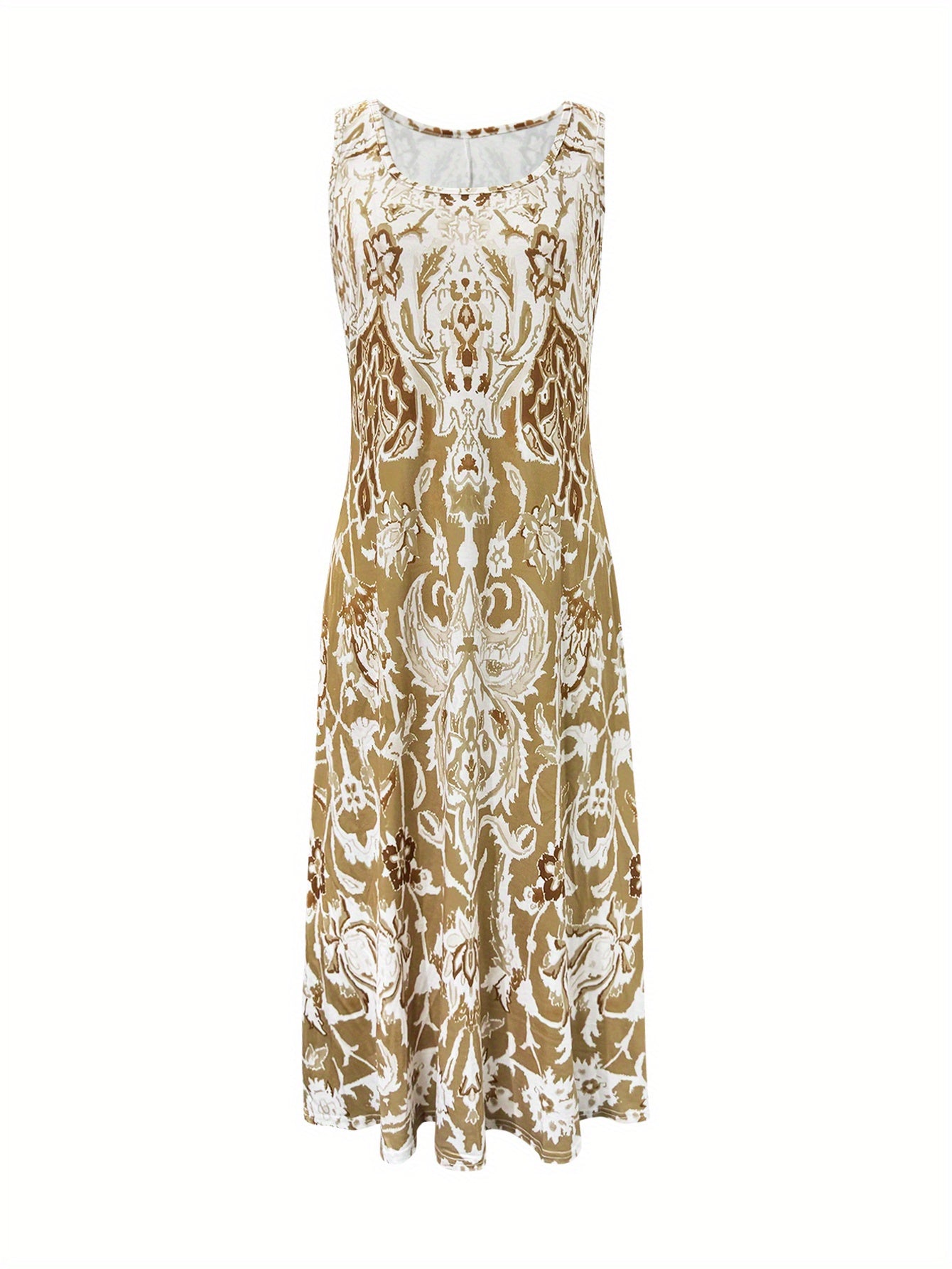 Vacation Floral Midi Dress – Khaki random geometric floral print – view 10