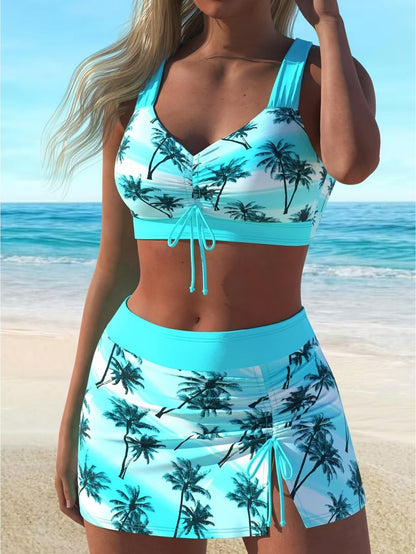 1 Set (Neck Vest And High-Waist Split Skirt Swimsuit Two-Piece Set) Coconut Print And V-Neck with Chest Strap, Seaside Vacation/Beach Photo/Pool Party, Coconut Print Split Swimsuit Set, Blue And White Coconut Print Swimsuit