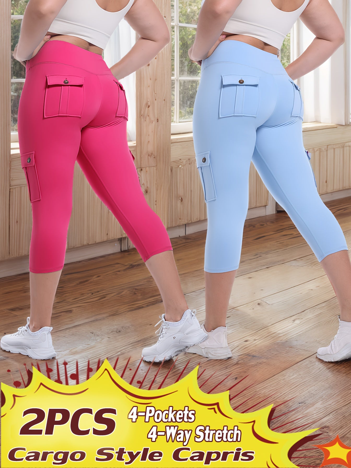 2pcs-Black & Pink High-Waist Leggings - product view 5